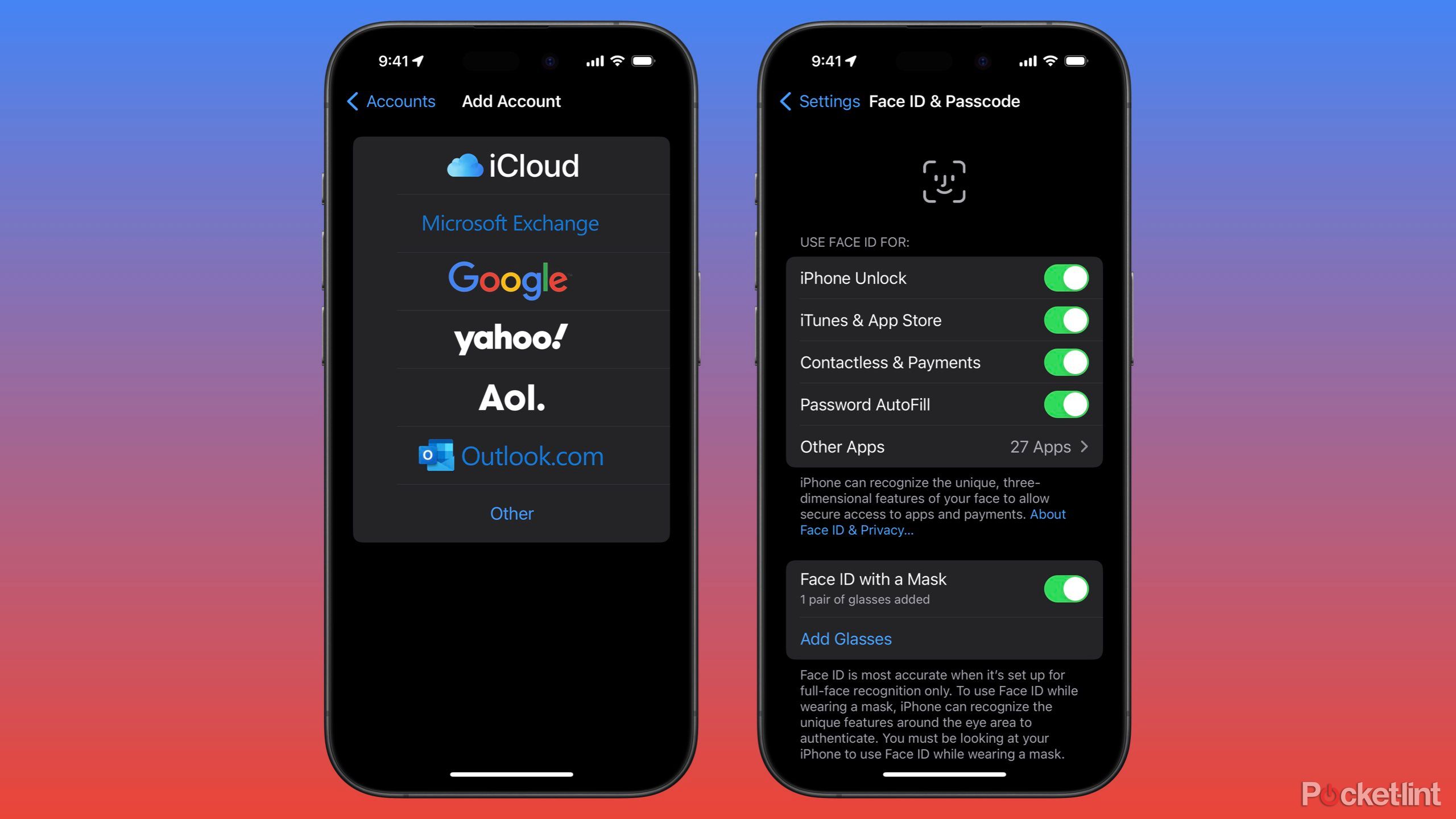 Capturas de tela do iOS para login do Apple Mail, Face ID e senha. 