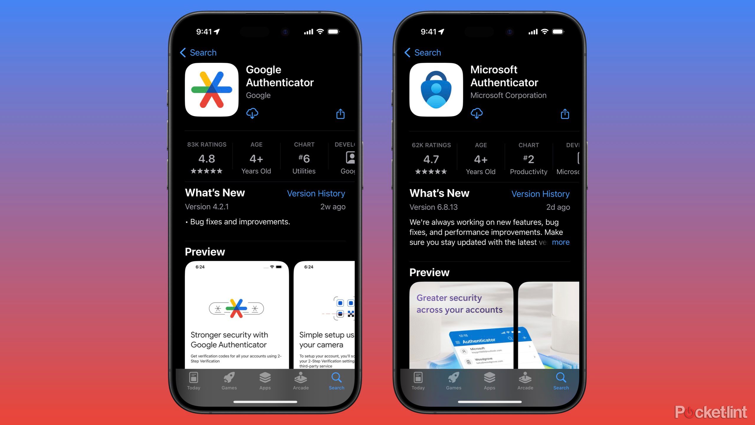 Google and Microsoft authenticators on the Apple App Store. 