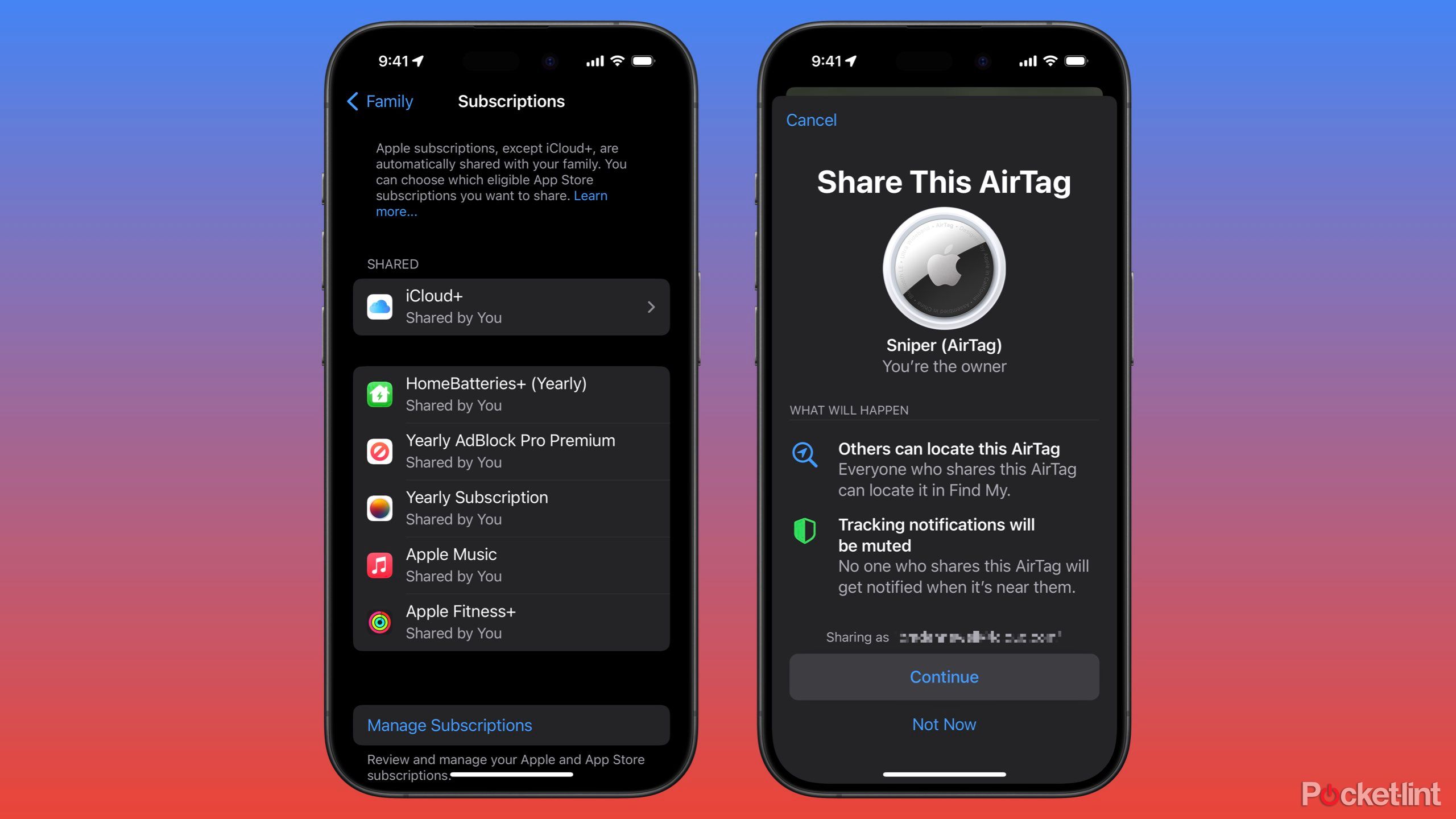 iOS screenshots for shareable subscriptions with Apple Family Sharing and 'Share This AirTag.'