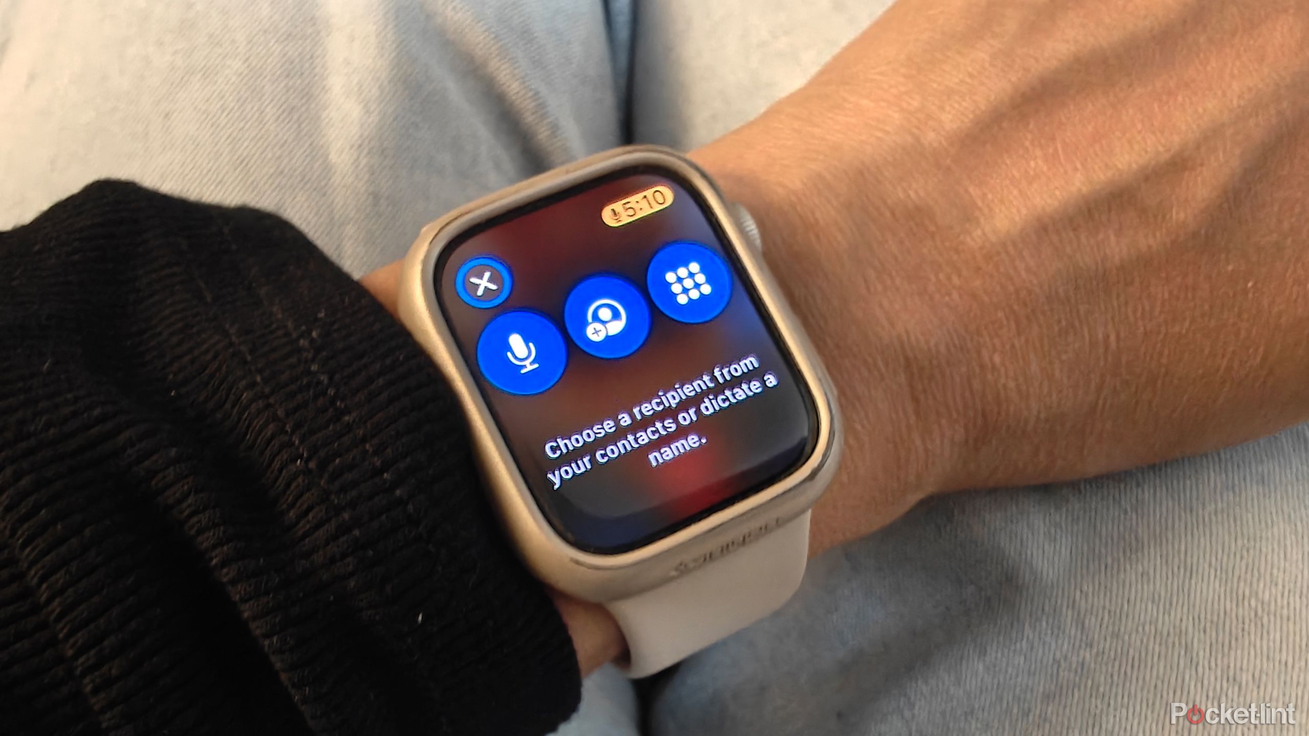 An Apple Watch showing the option to choose a recipient to add to a FaceTime call