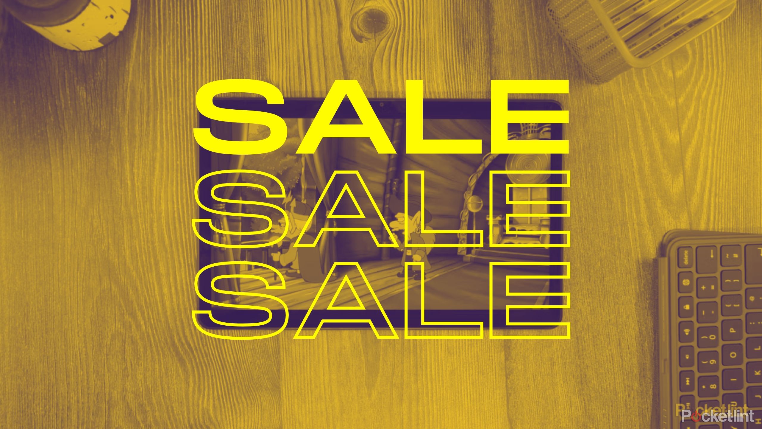 the word sale superimposed three times over a colored background showing a tablet