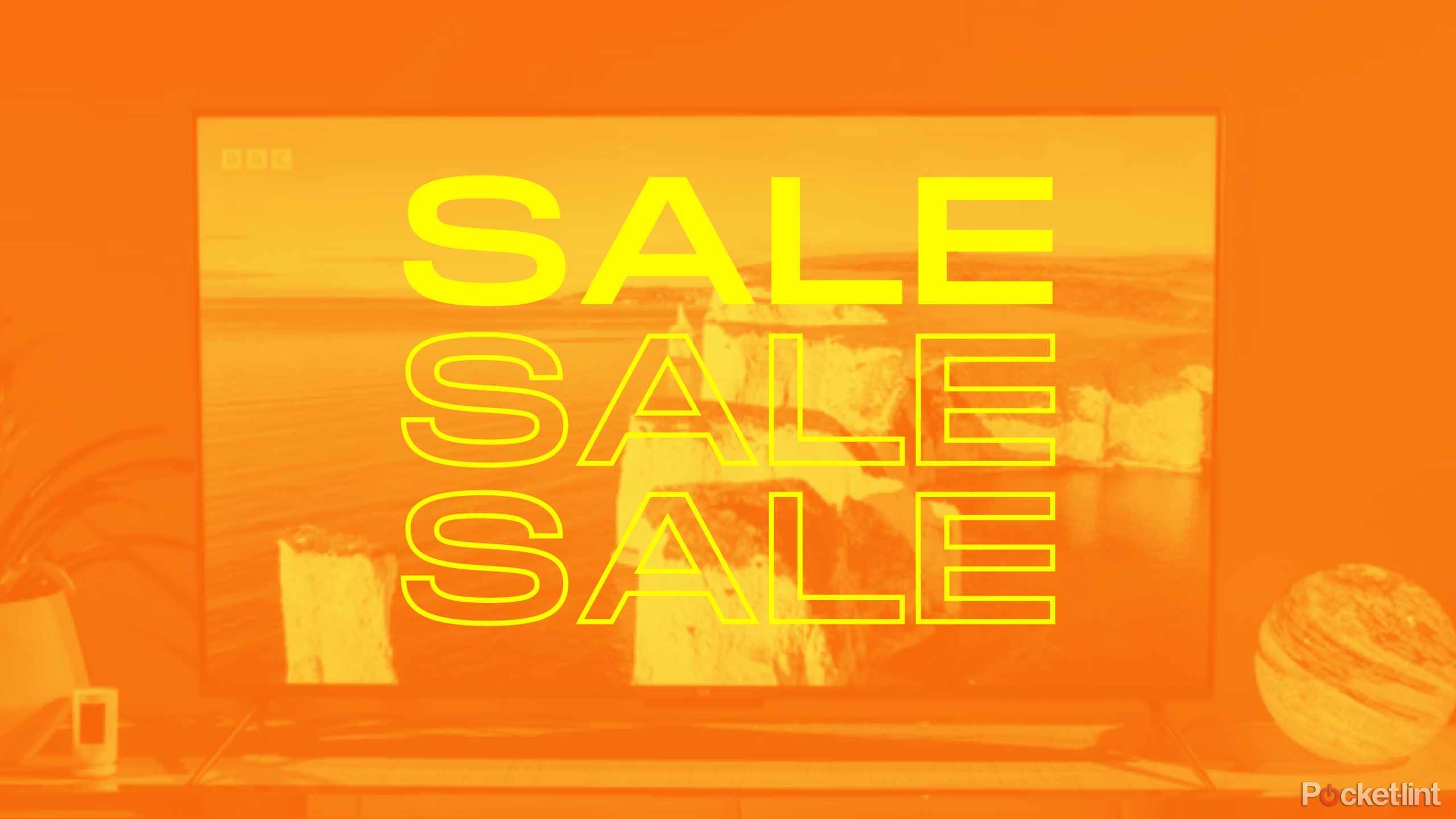 the word sale superimposed on a colored background of a TV