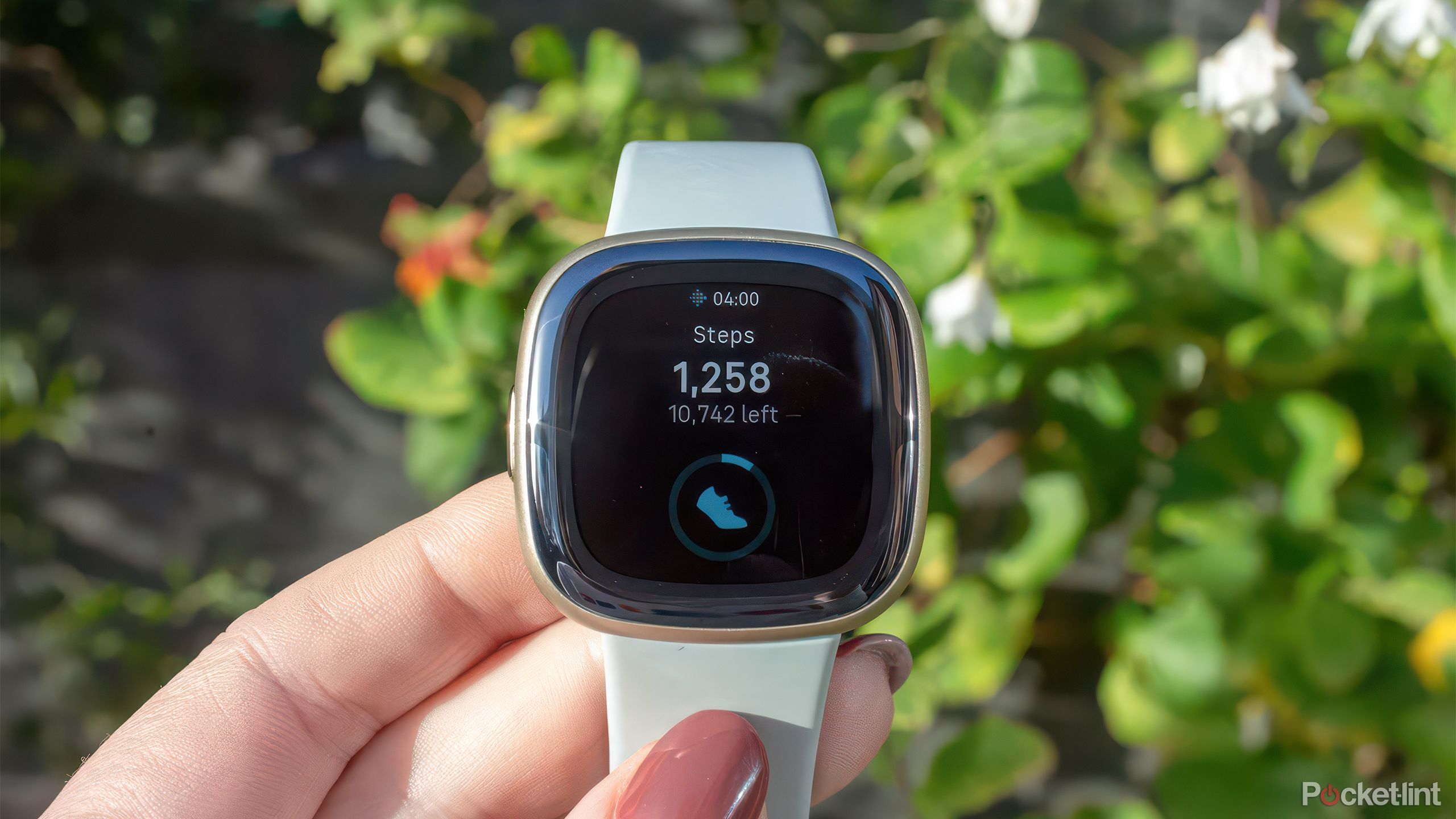 A hand holds the Fitbit Sense 2 in front of blurred bushes. 