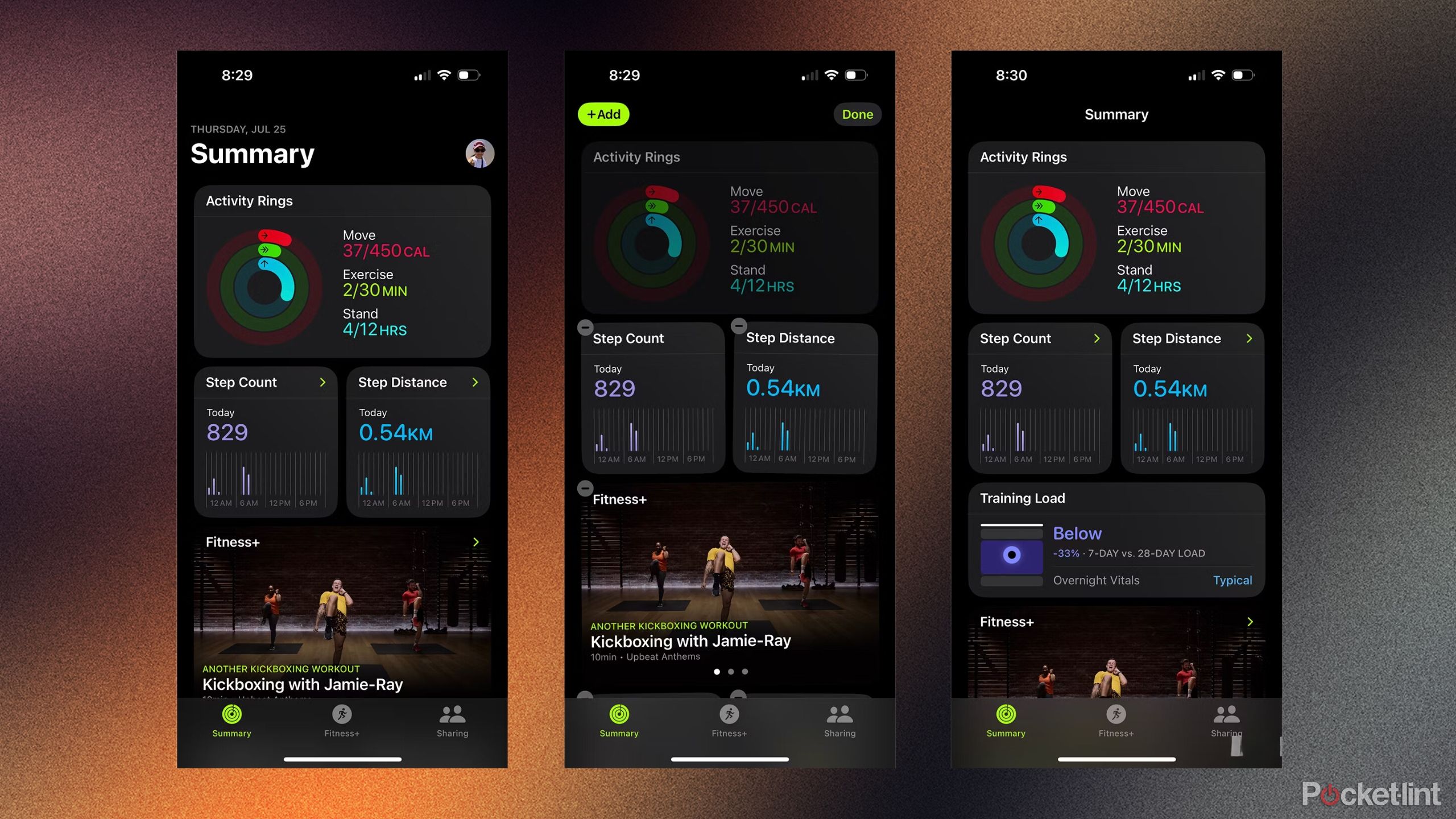 Three side-by-side images of the Summary tab of the Apple Fitness app showing a modified view