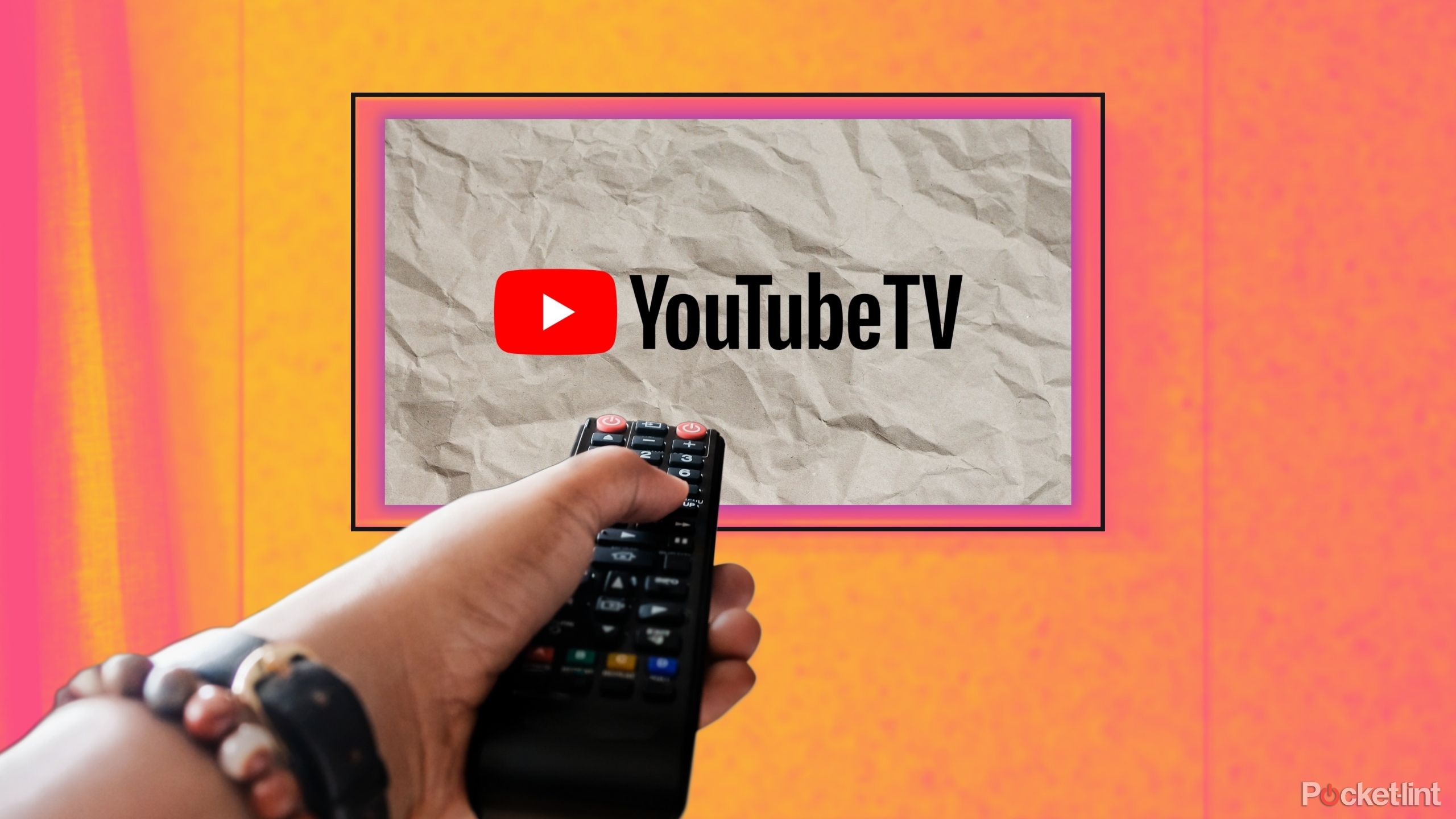 YouTube TV and a person pointing a remote at the rendering. 