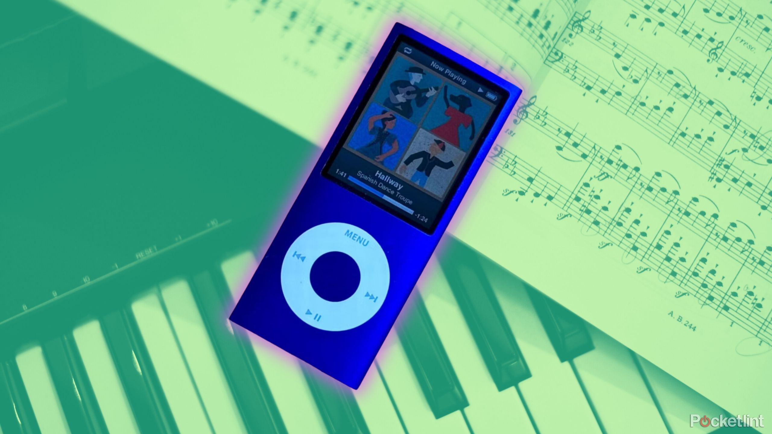 iPod nano on top of a green tinted piano keyboard and sheet music