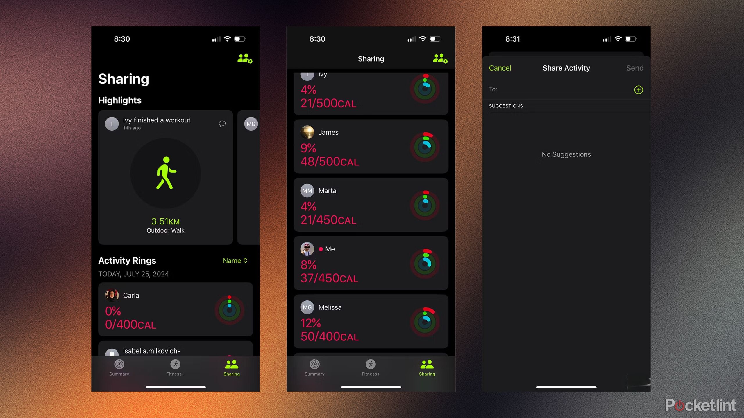 Three side-by-side images of the Fitness app showing friends and their status