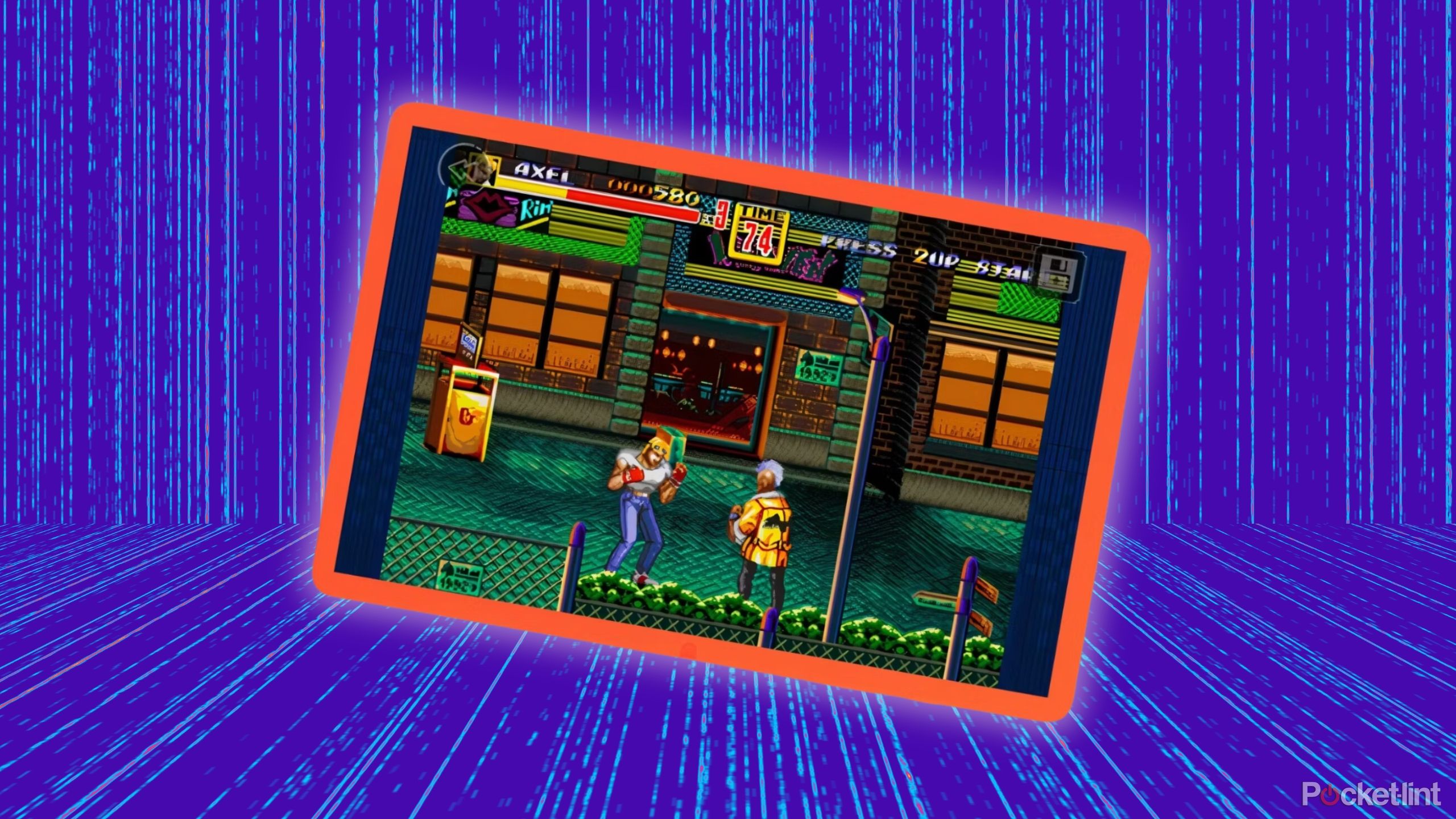 Android tablet as a retro gaming console against a scrolling coding background. 