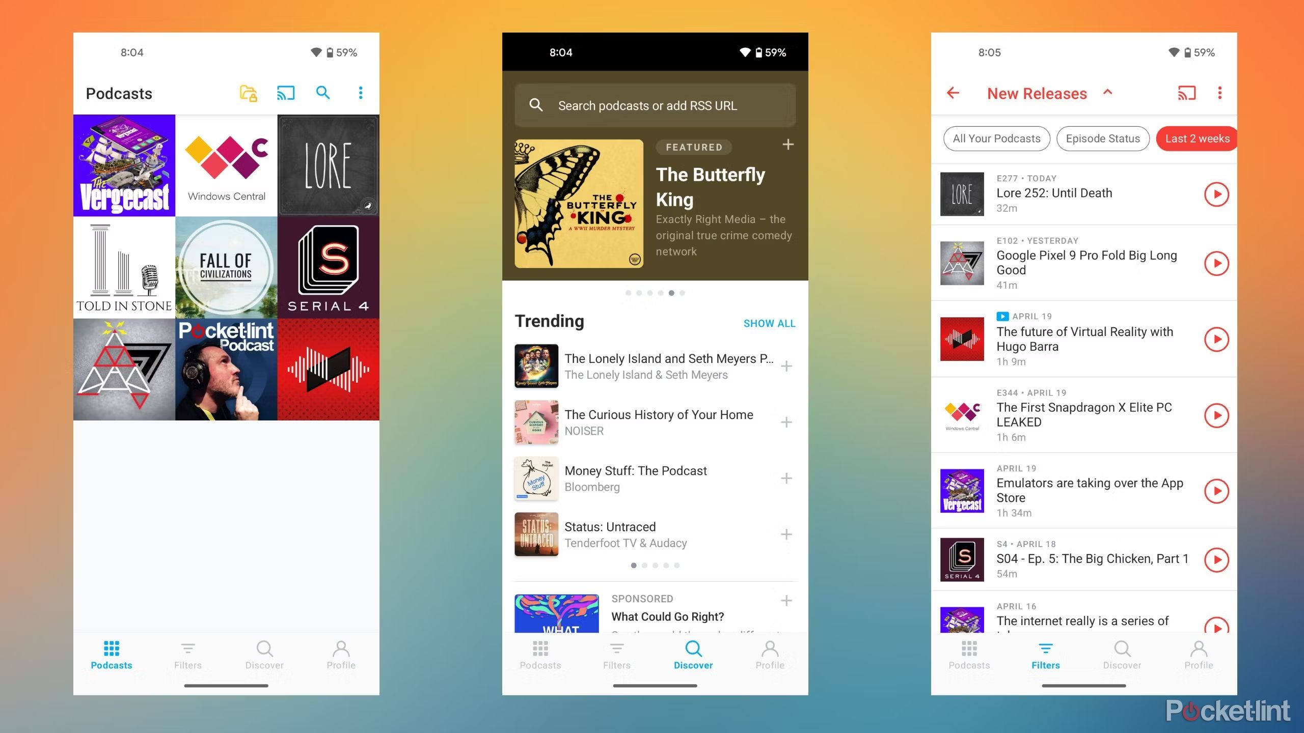 Screenshots of the Pocket Casts app