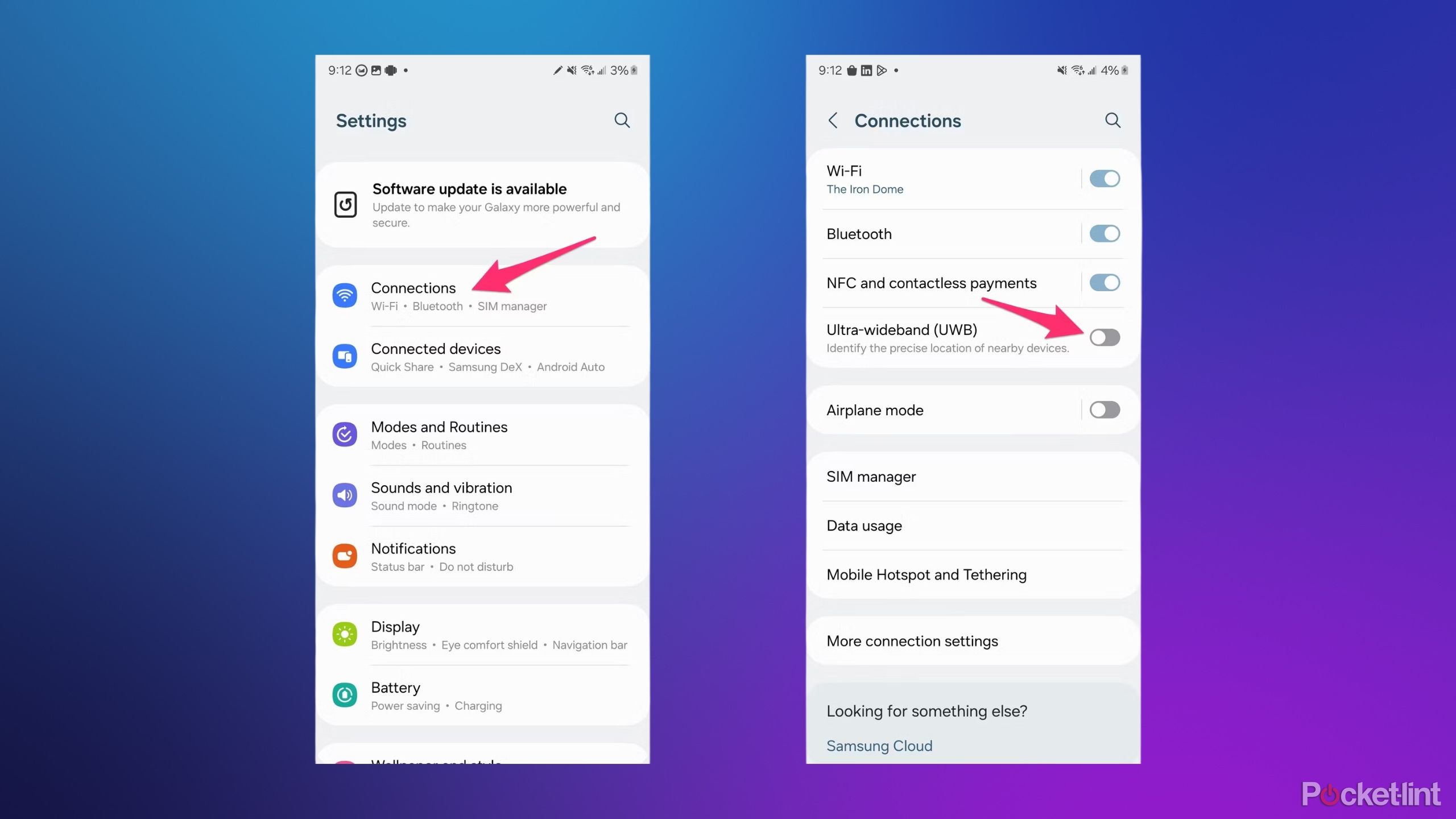 Two screenshots from a Samsung phone on how to enable UWB