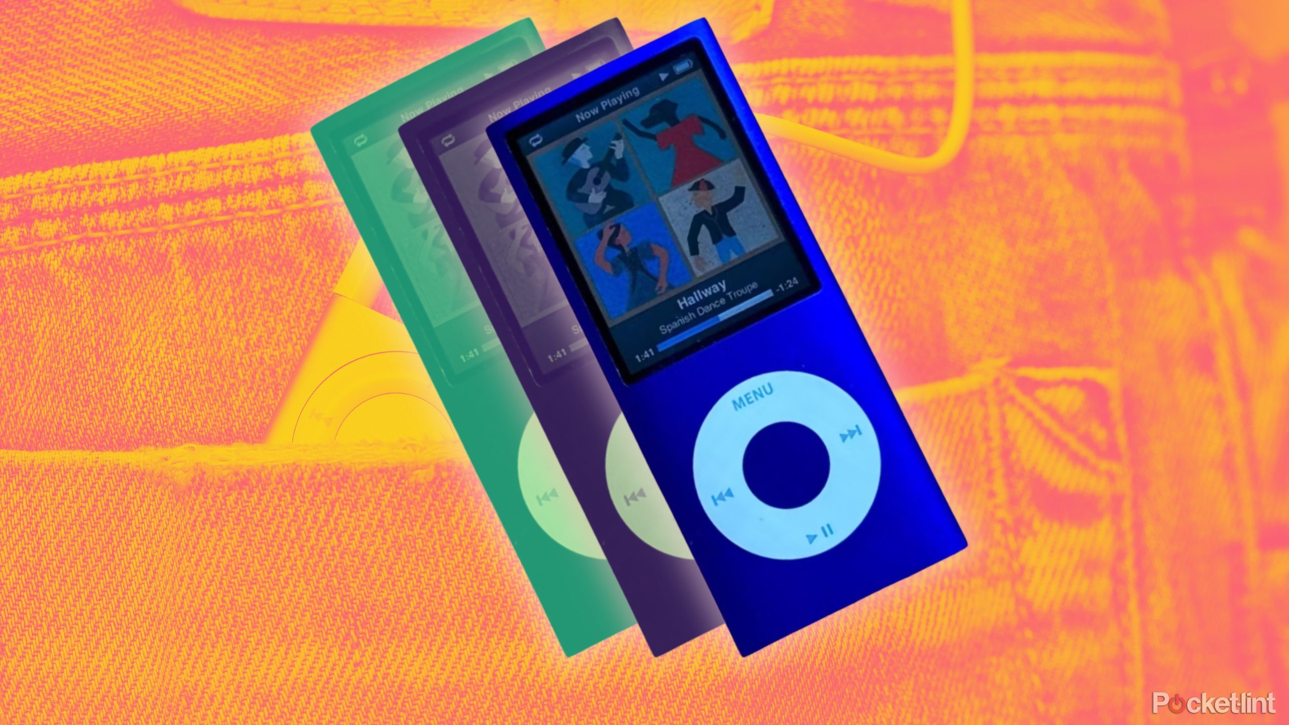 3 iPod nanos against an orange background of a person wearing jeans