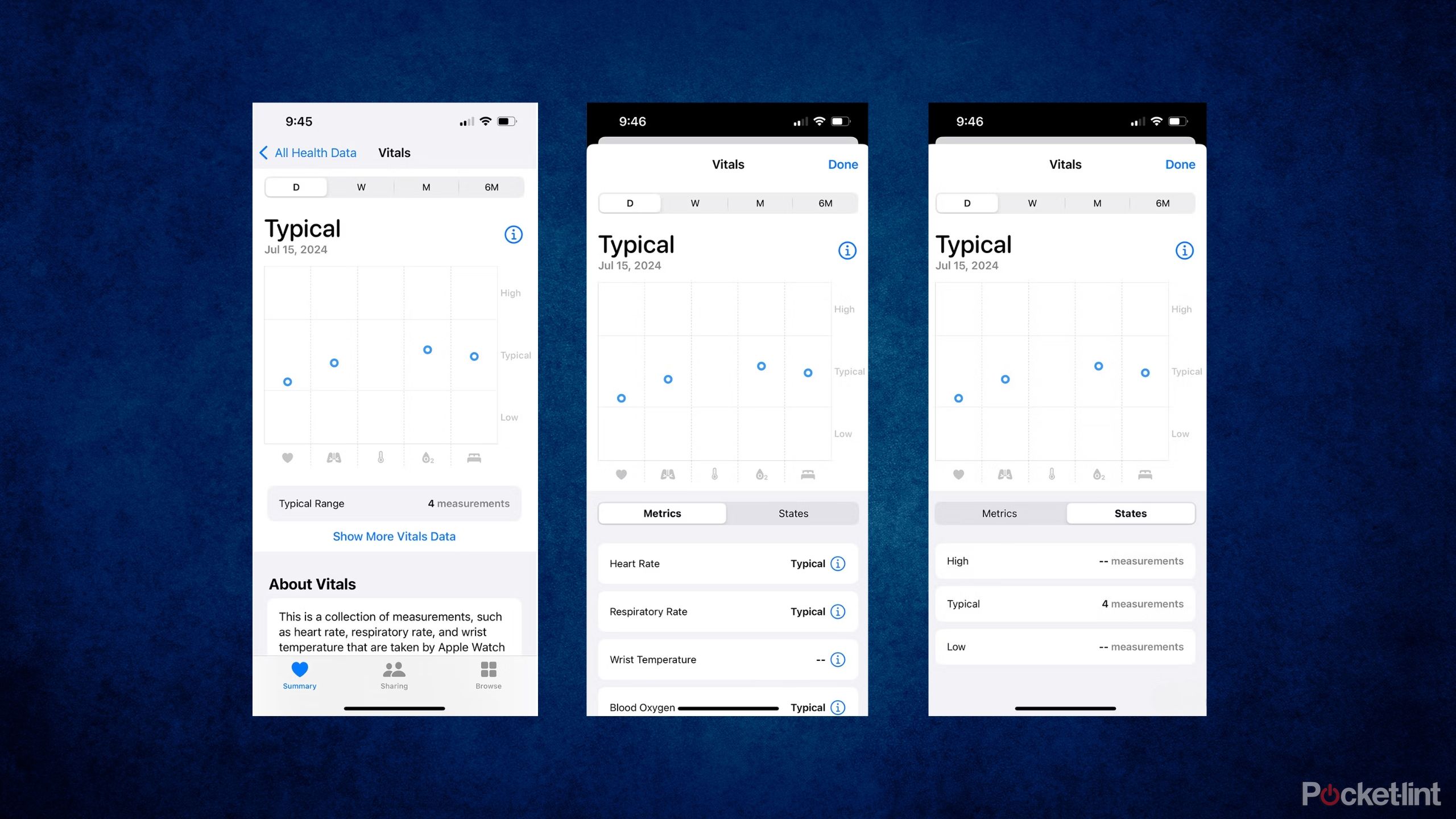 Three screenshots from the Apple Health app showing Vitals