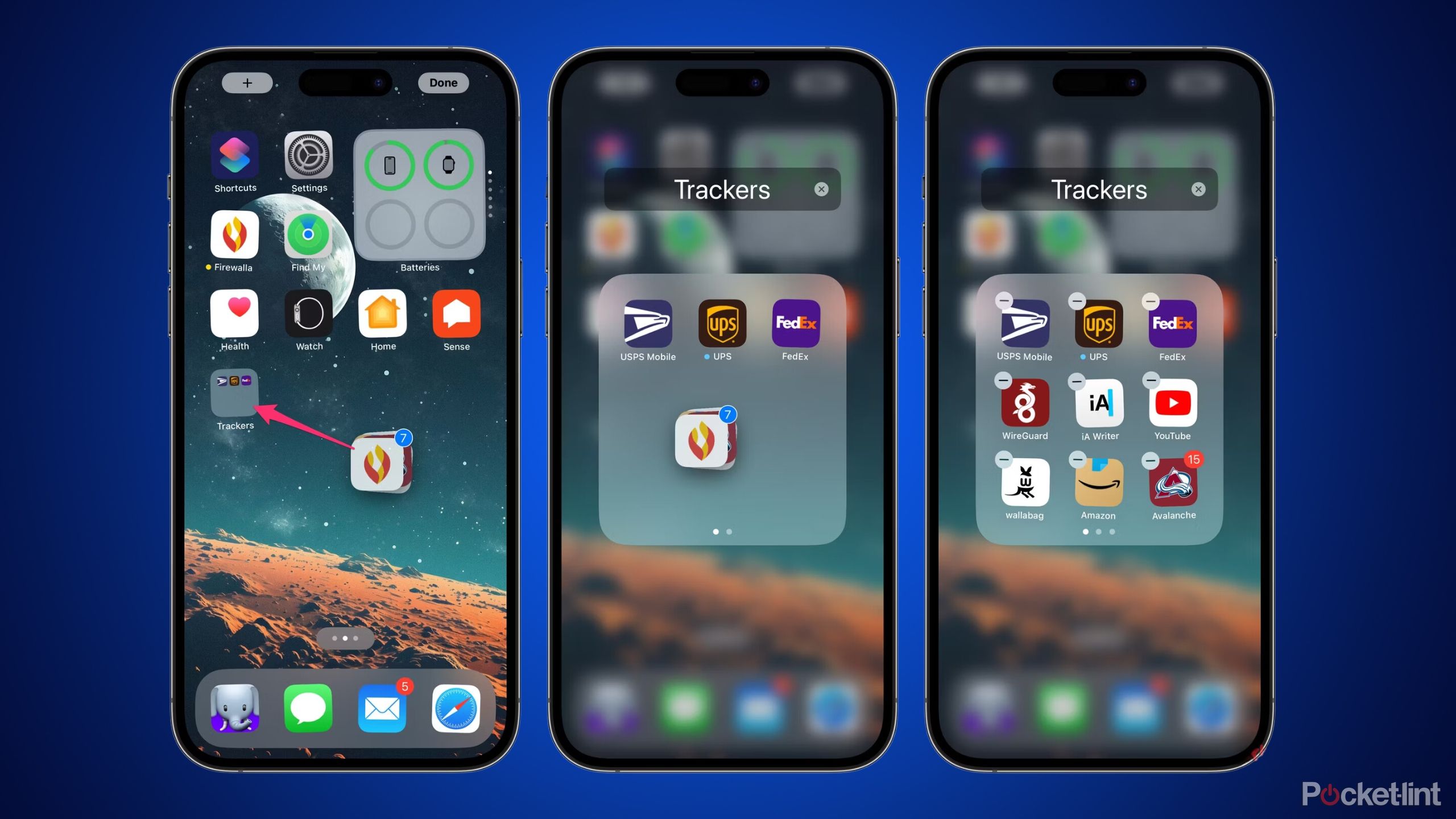 Three iPhones showing someone arranging apps into folders