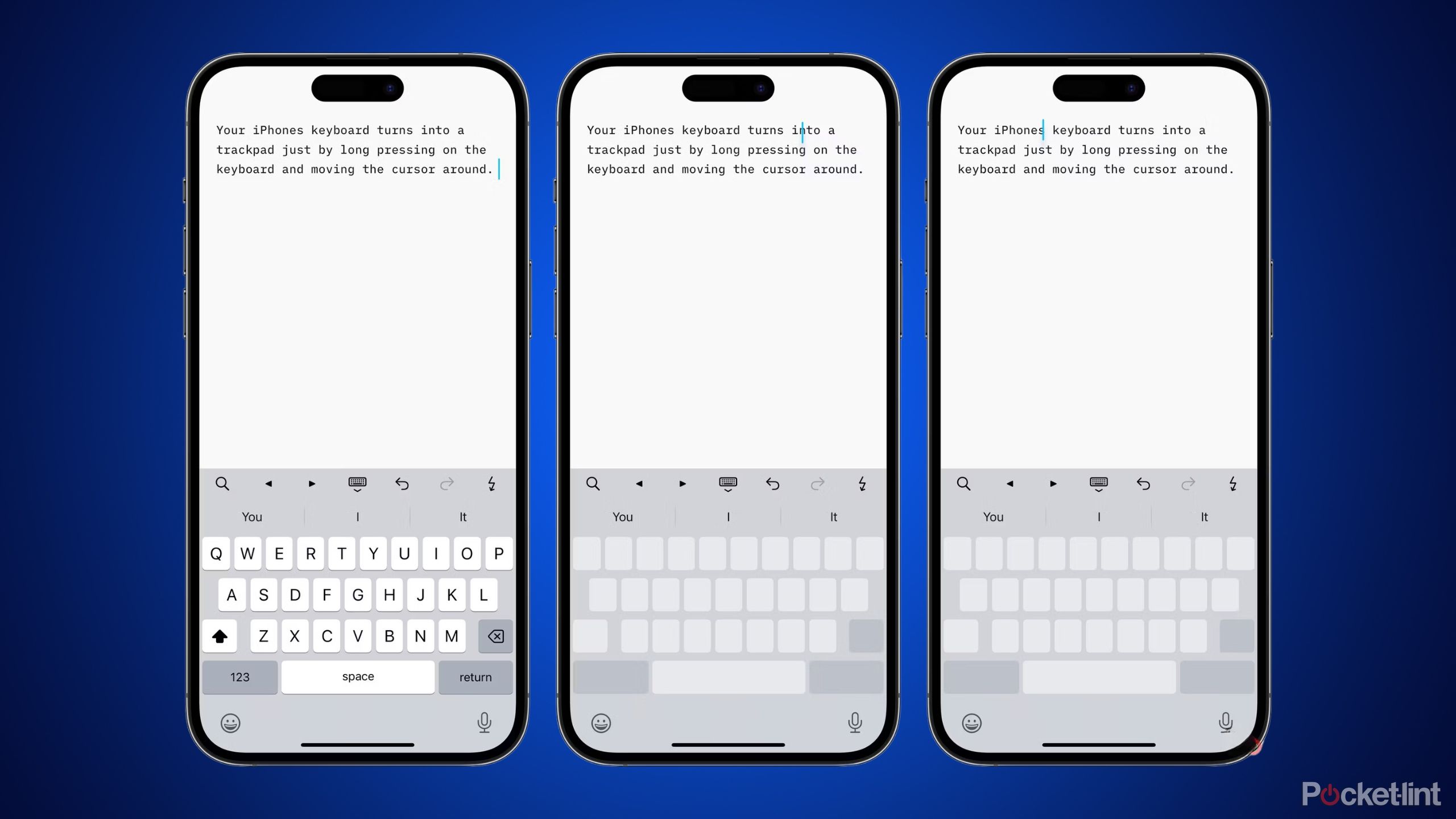 Three iPhone renderings showing someone using their iphone keyboard as a cursor