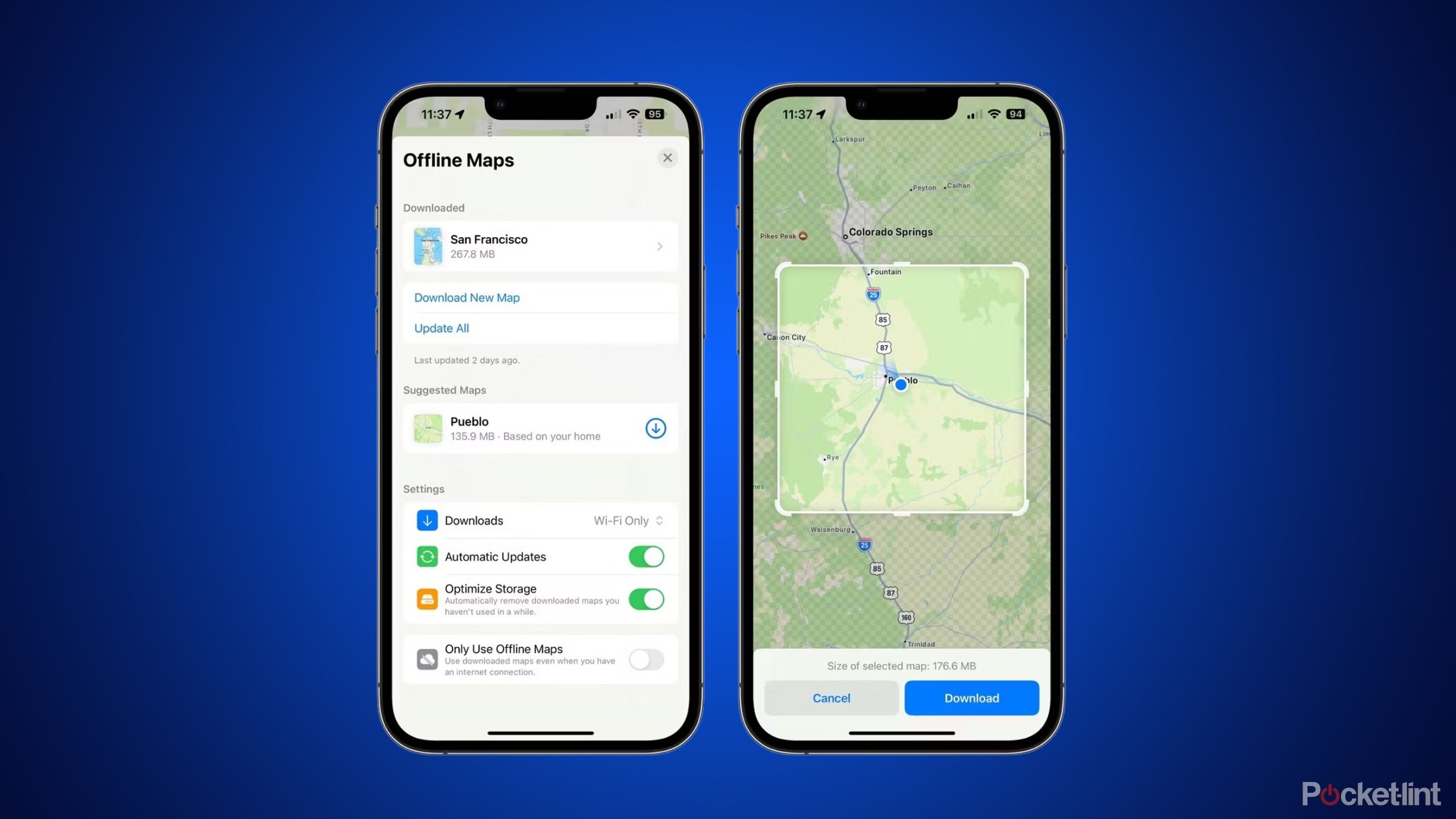 Two iPhones with offline maps pulled up