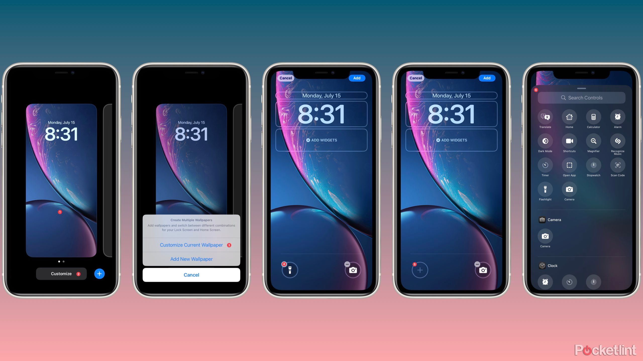 Screenshots showing how to change the lock screen buttons on iOS 18.