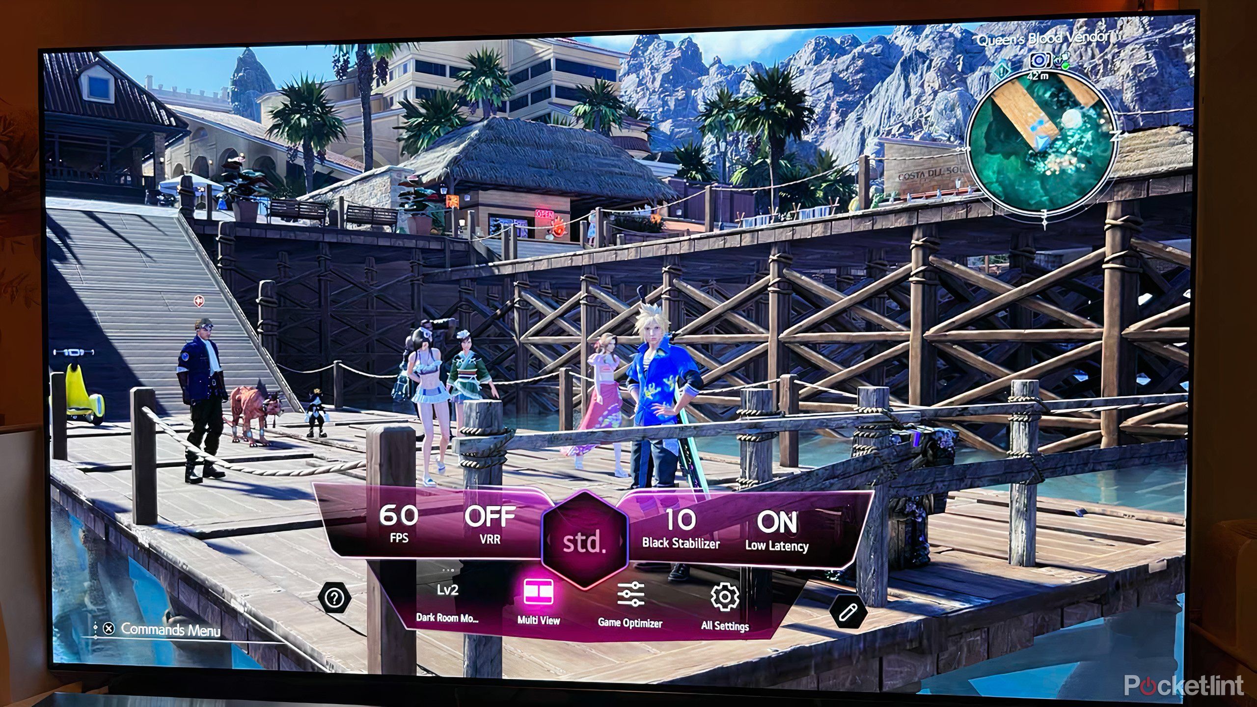 Playing a video game with characters on a dock on an LG OLED. 