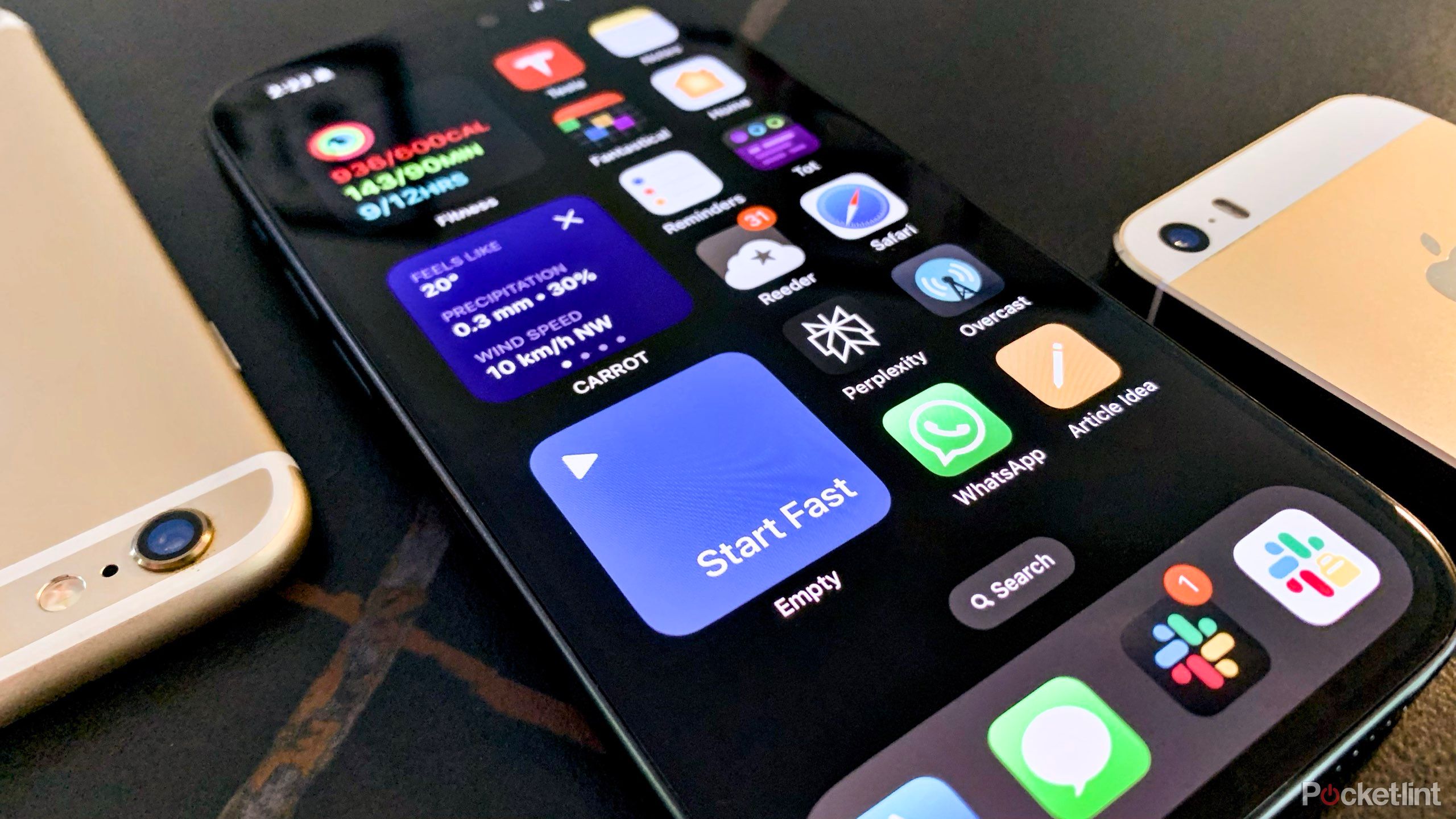 iPhone 15 Pro with widgets displayed on the home screen.