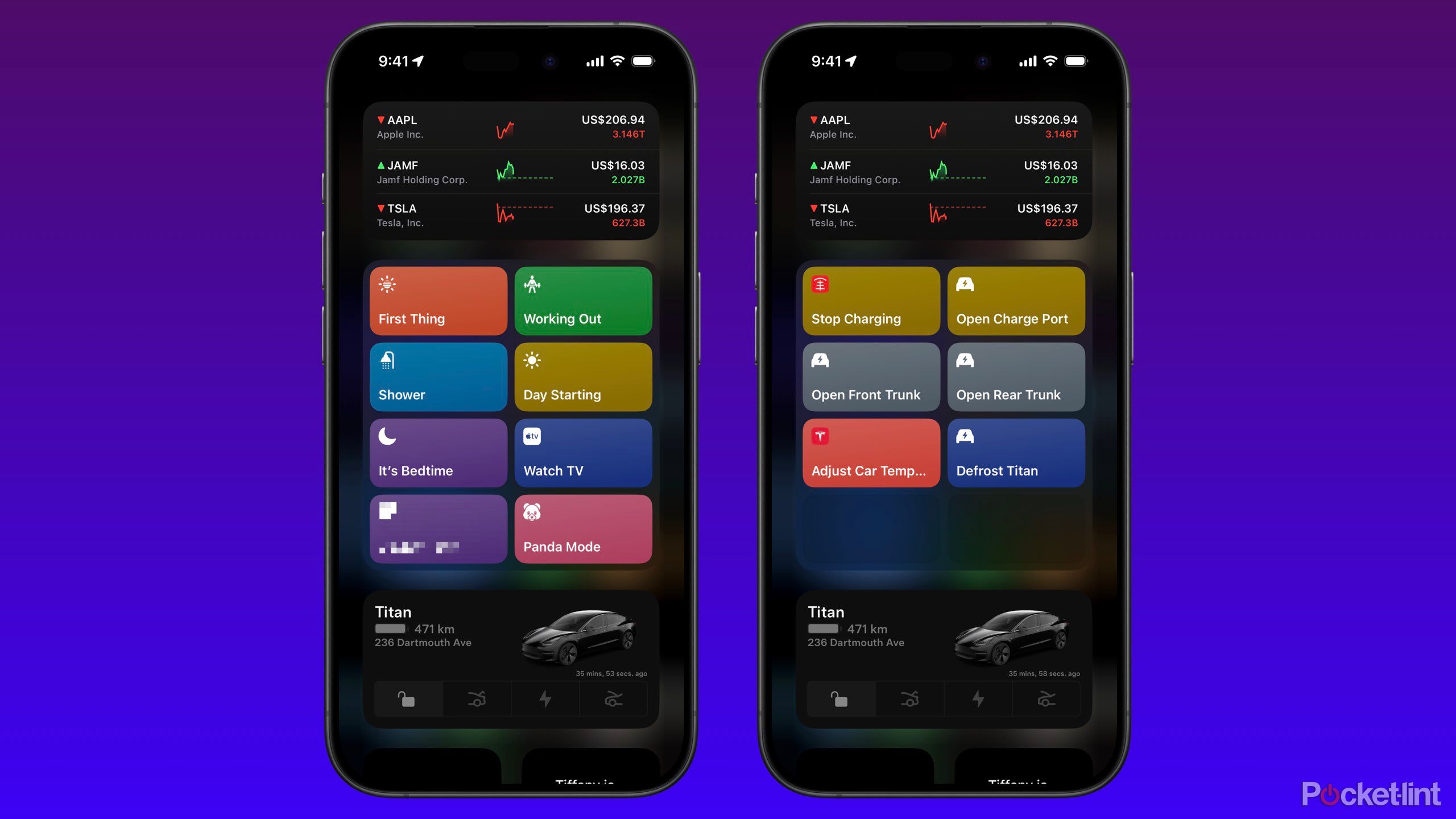 Two screenshots of ten ciri shortcuts within widget tiles on iOS.