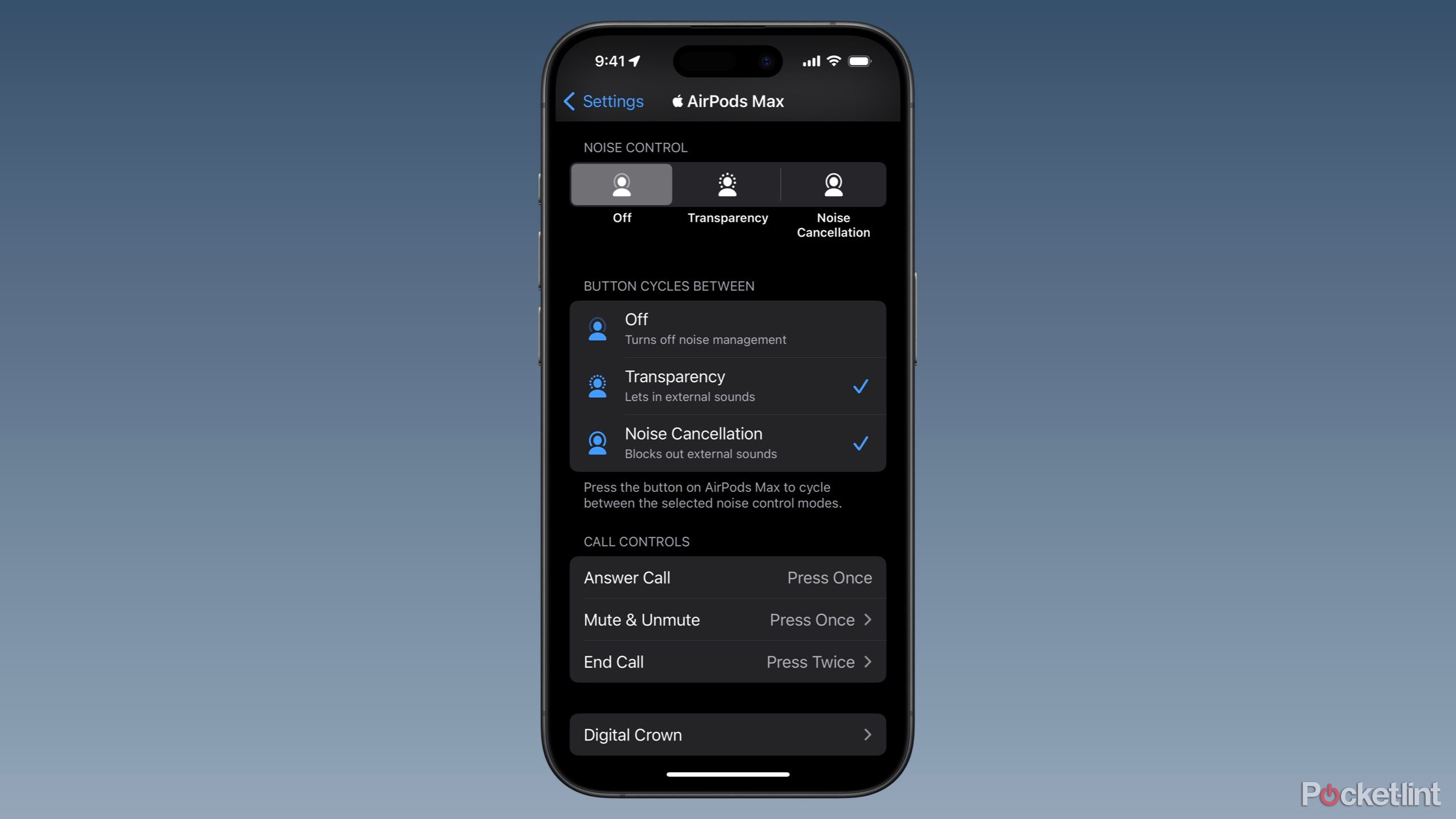 Noise Control setting screen for AirPods Max.