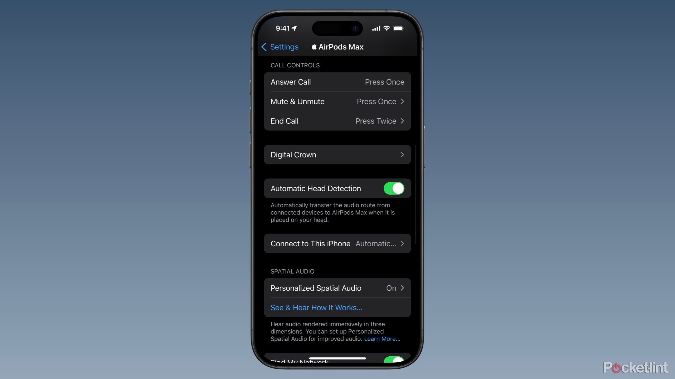 Call Controls settings for AirPods Max.