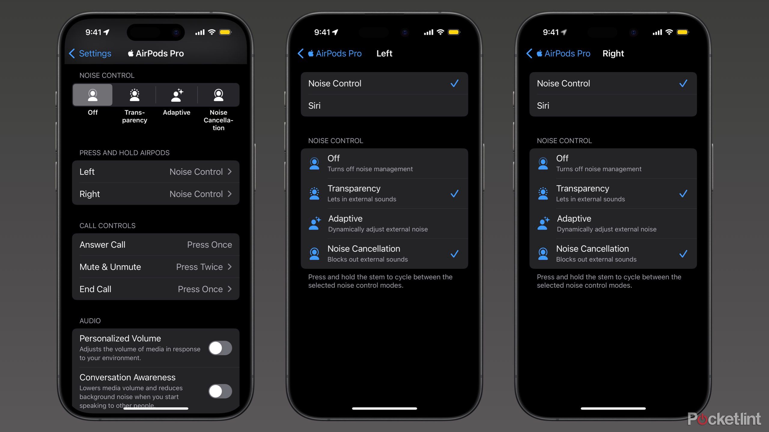 Screenshots of the press and hold settings for AirPods Pro.