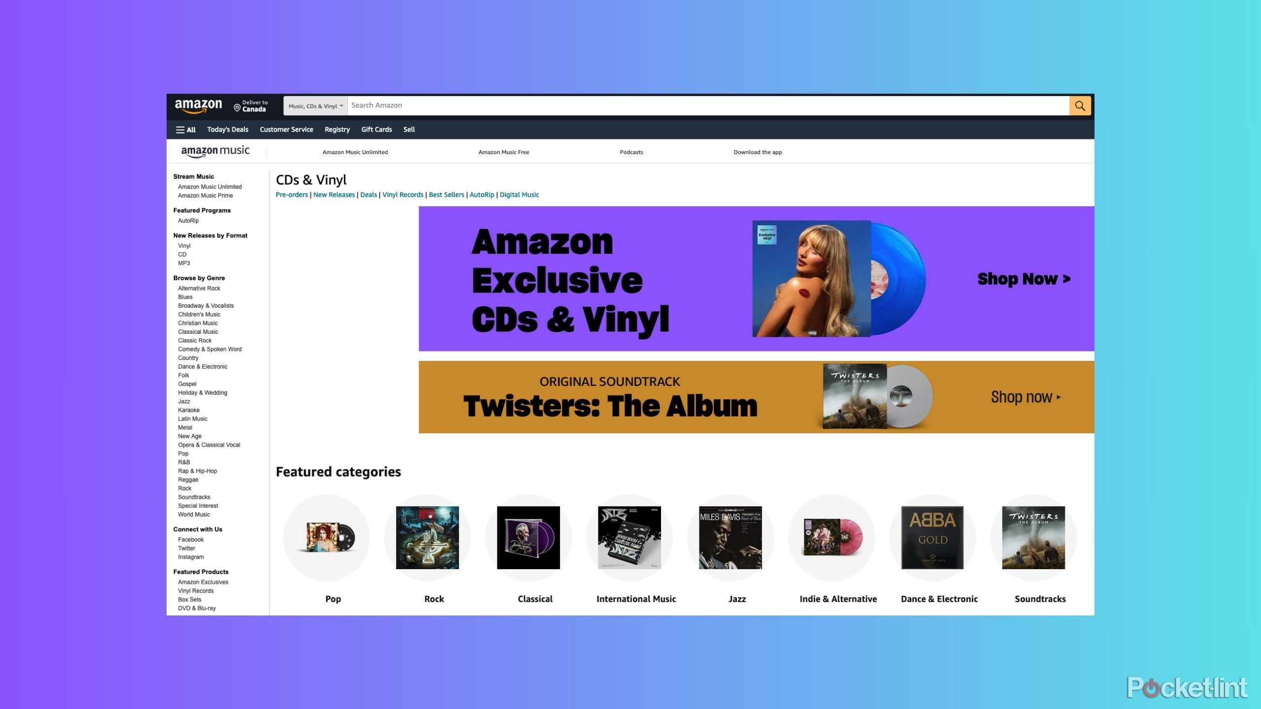 The Amazon landing page for music, showing CDs and vinyl for sale, and various categories to choose from 