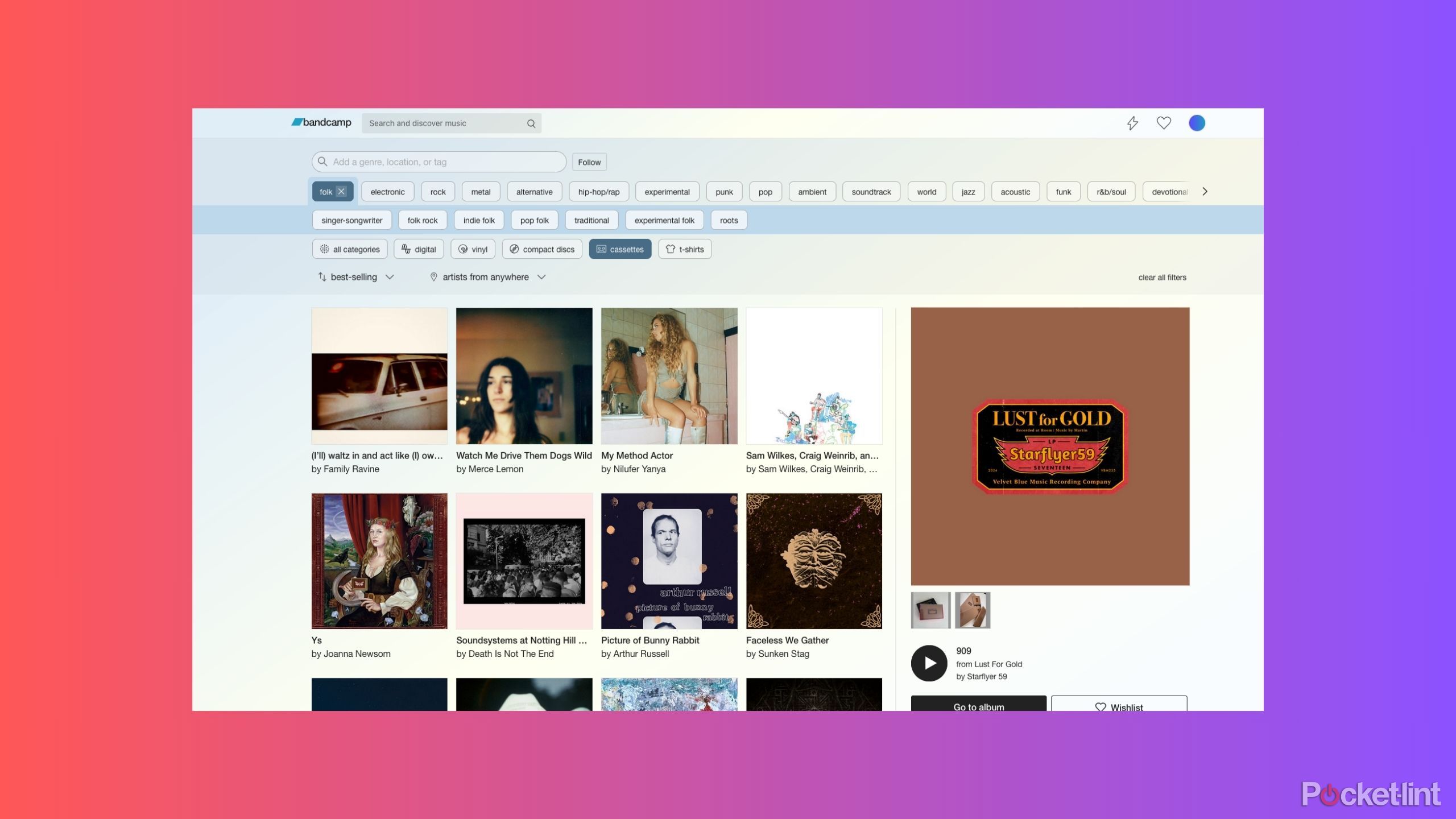 Bandcamp's online shop, filtered by cassettes and the folk genre