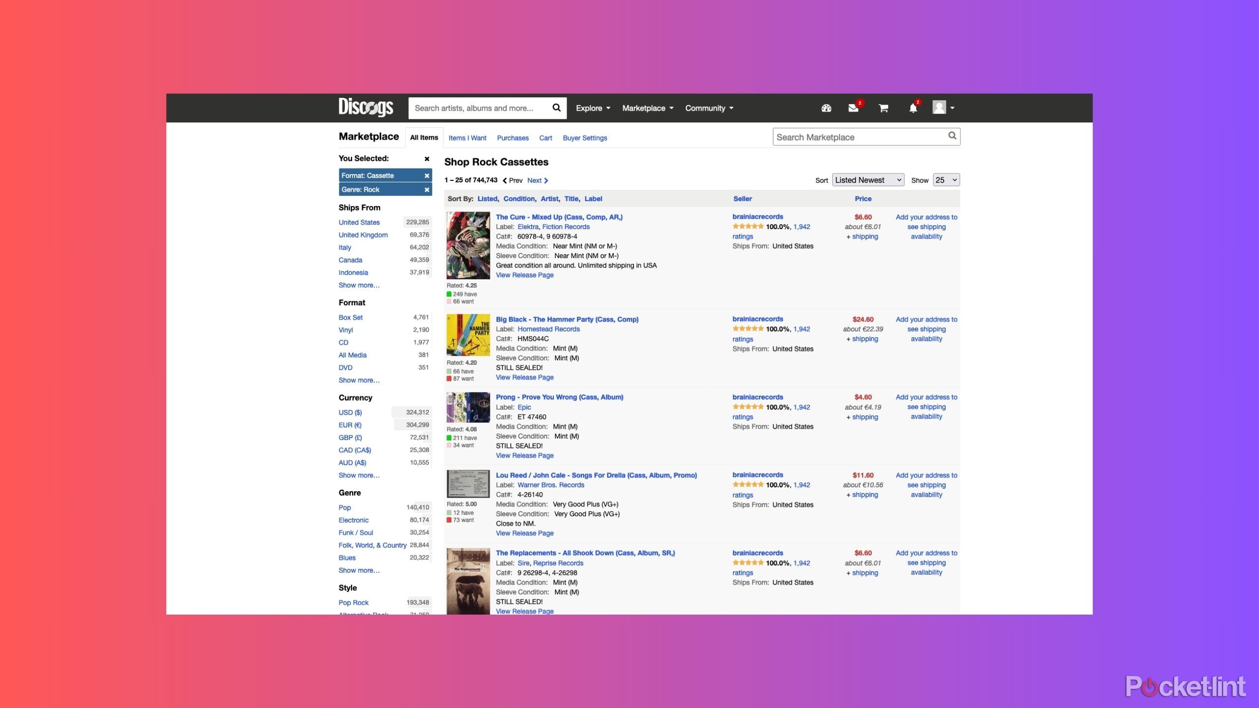 The Discogs marketplace filtered by cassette and rock