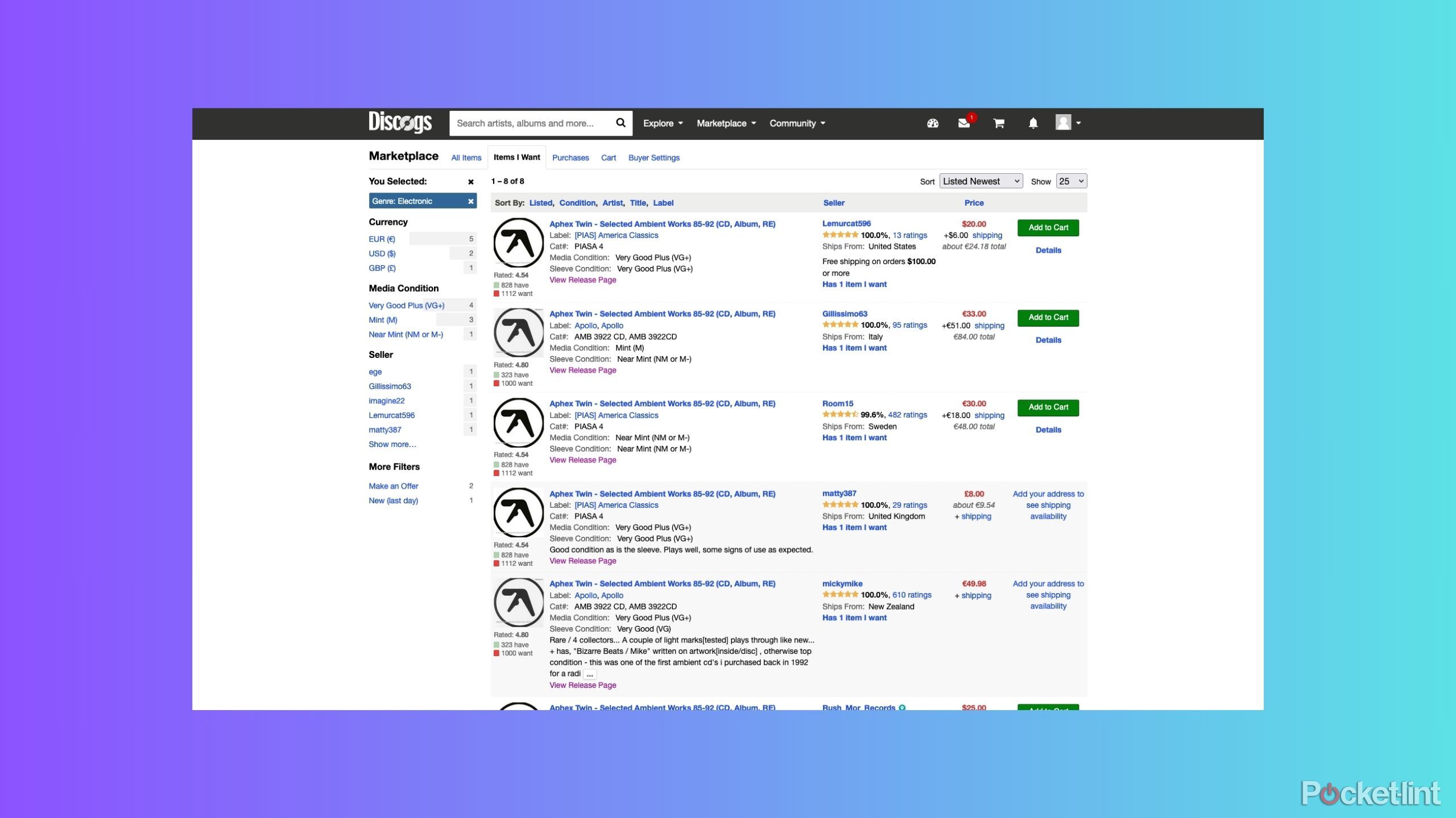 The Discogs marketplace, showing various editions of an Aphex Twin album for sale