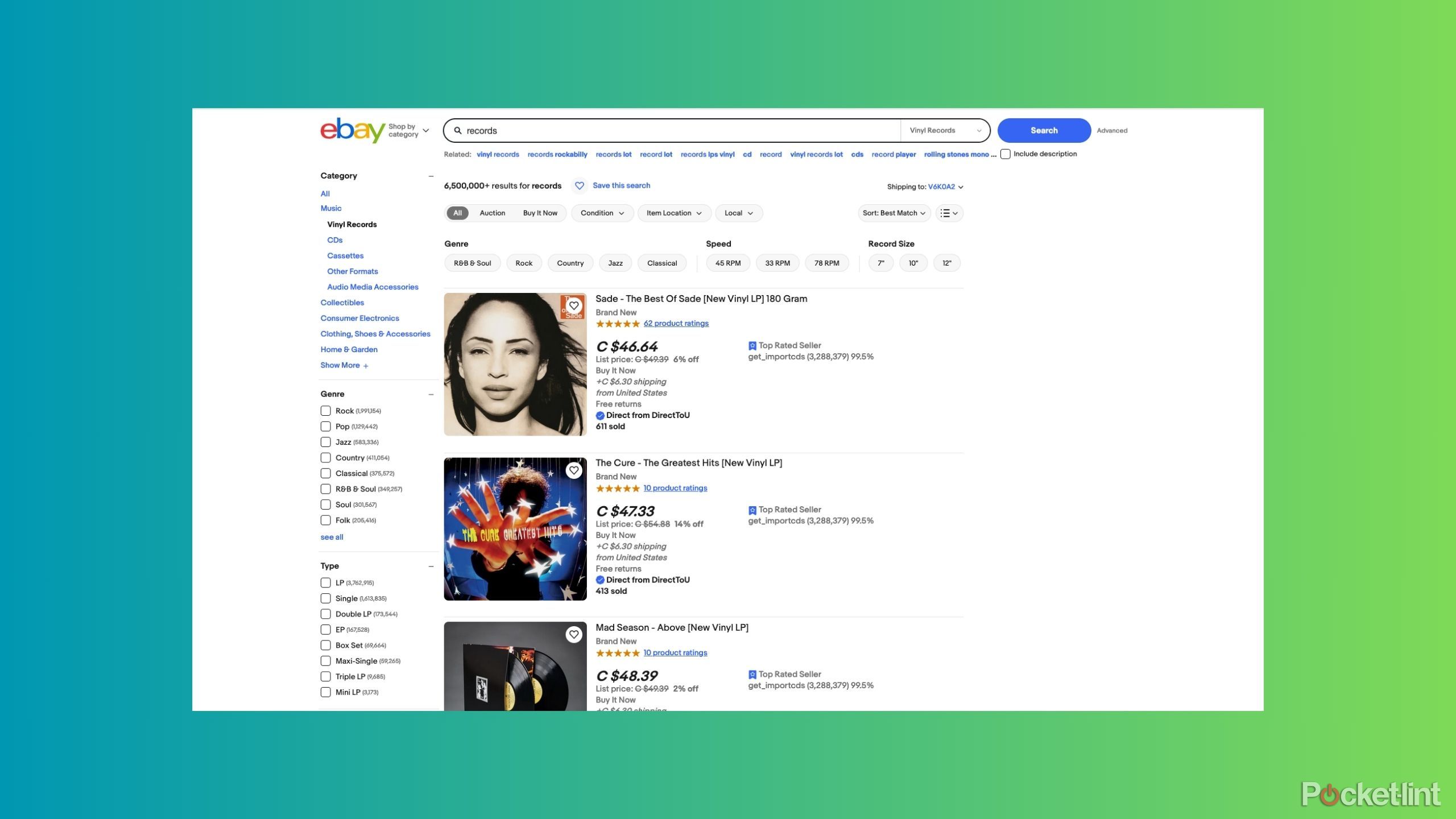 eBay's search results when searching for "records" including a Sade record and a The Cure record