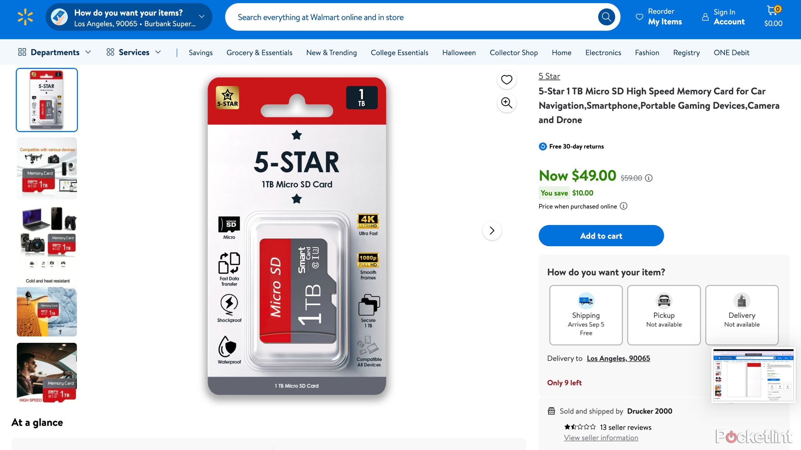 A screenshot showing a counterfeit SD card on Walmart's online store. 