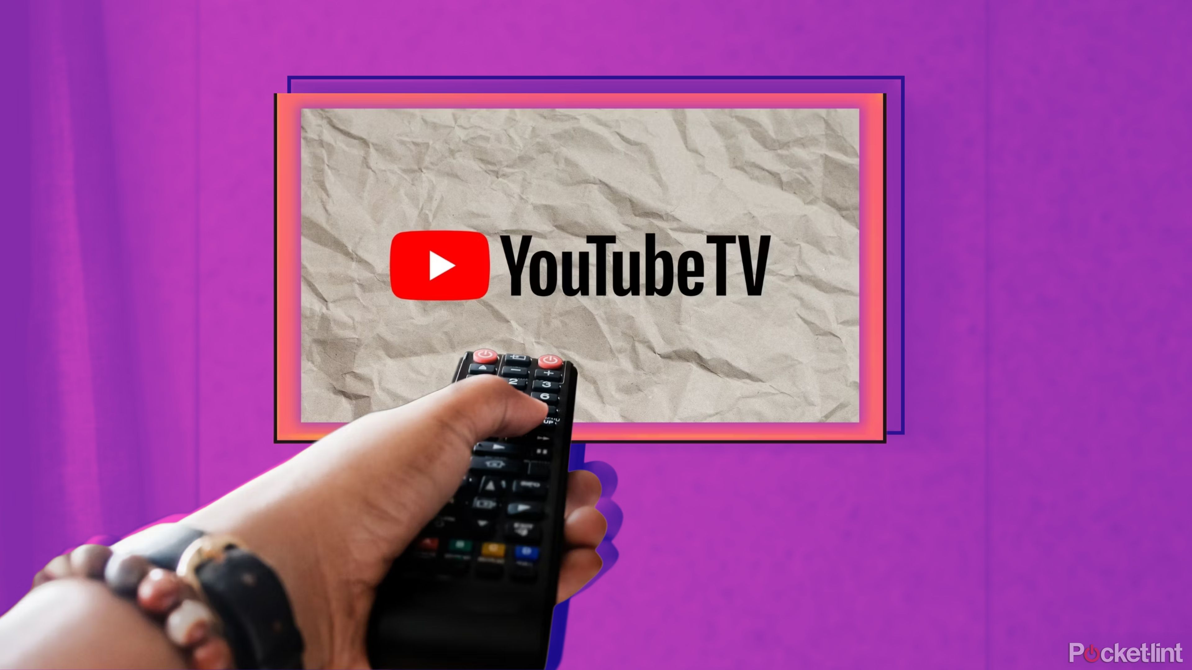 YouTube TV and a person pointing a remote at the rendering. 