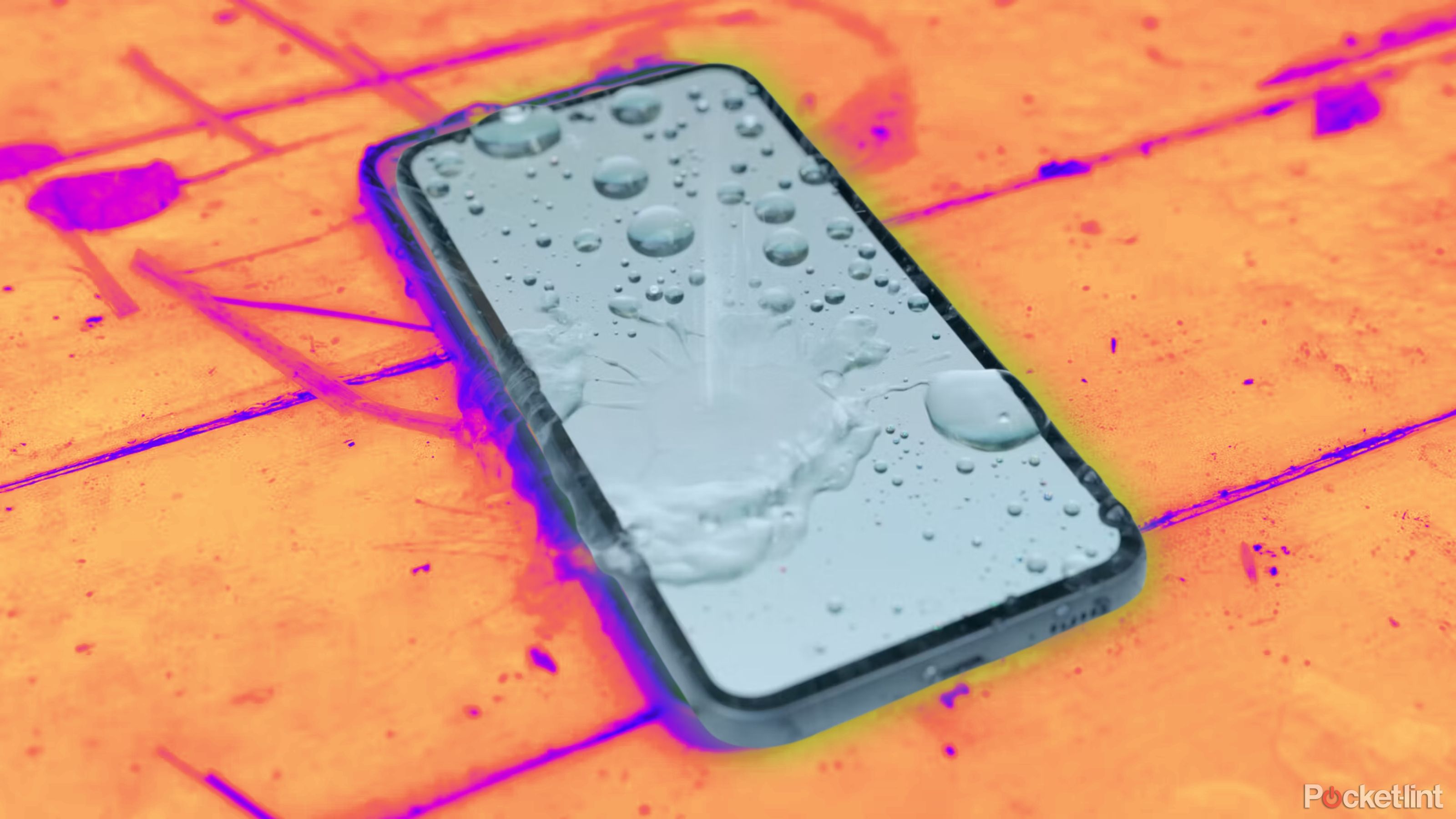 iPhone on a picnic table covered in water. 