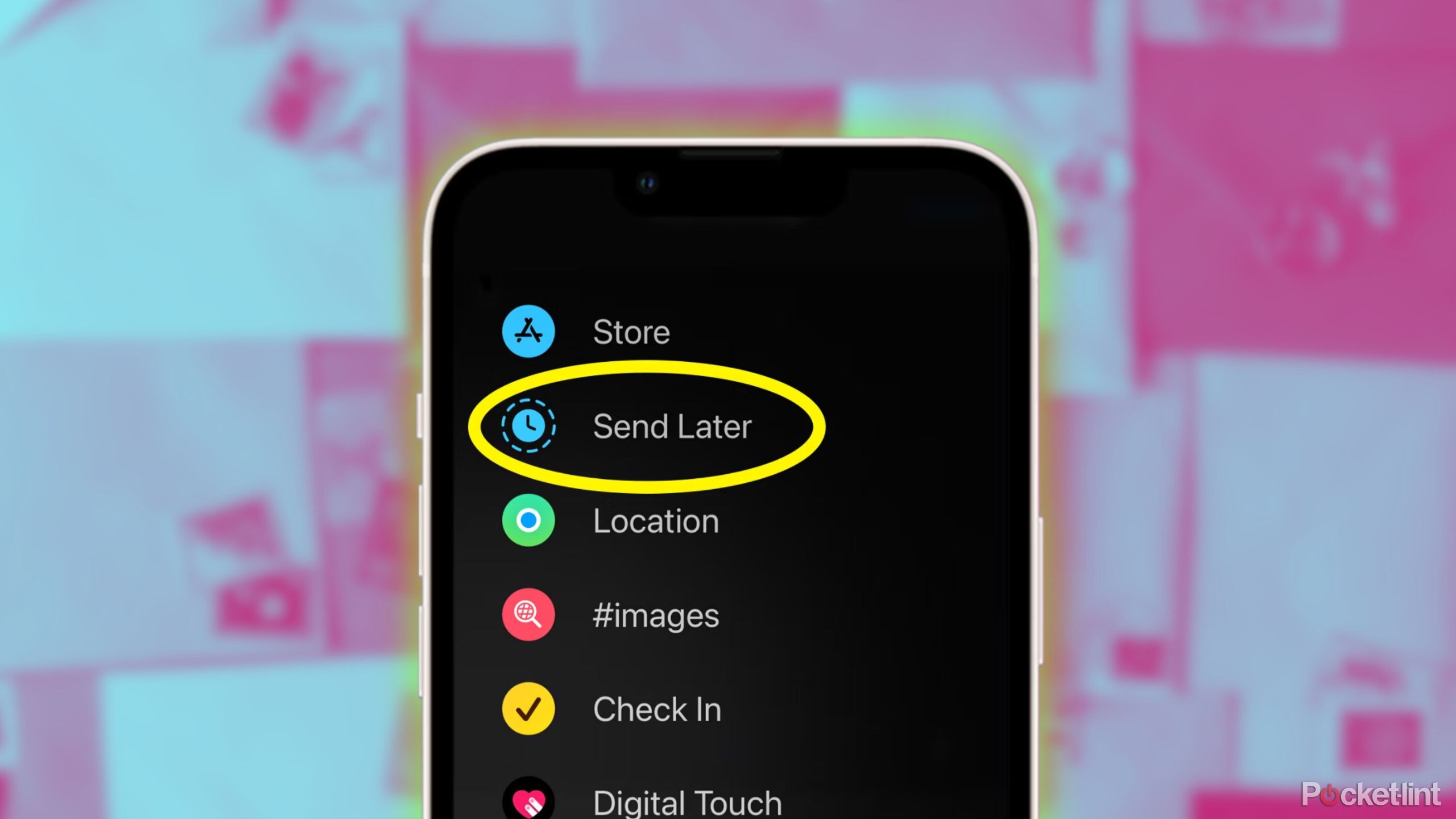 The Send Later feature with a yellow circle around it on iPhone