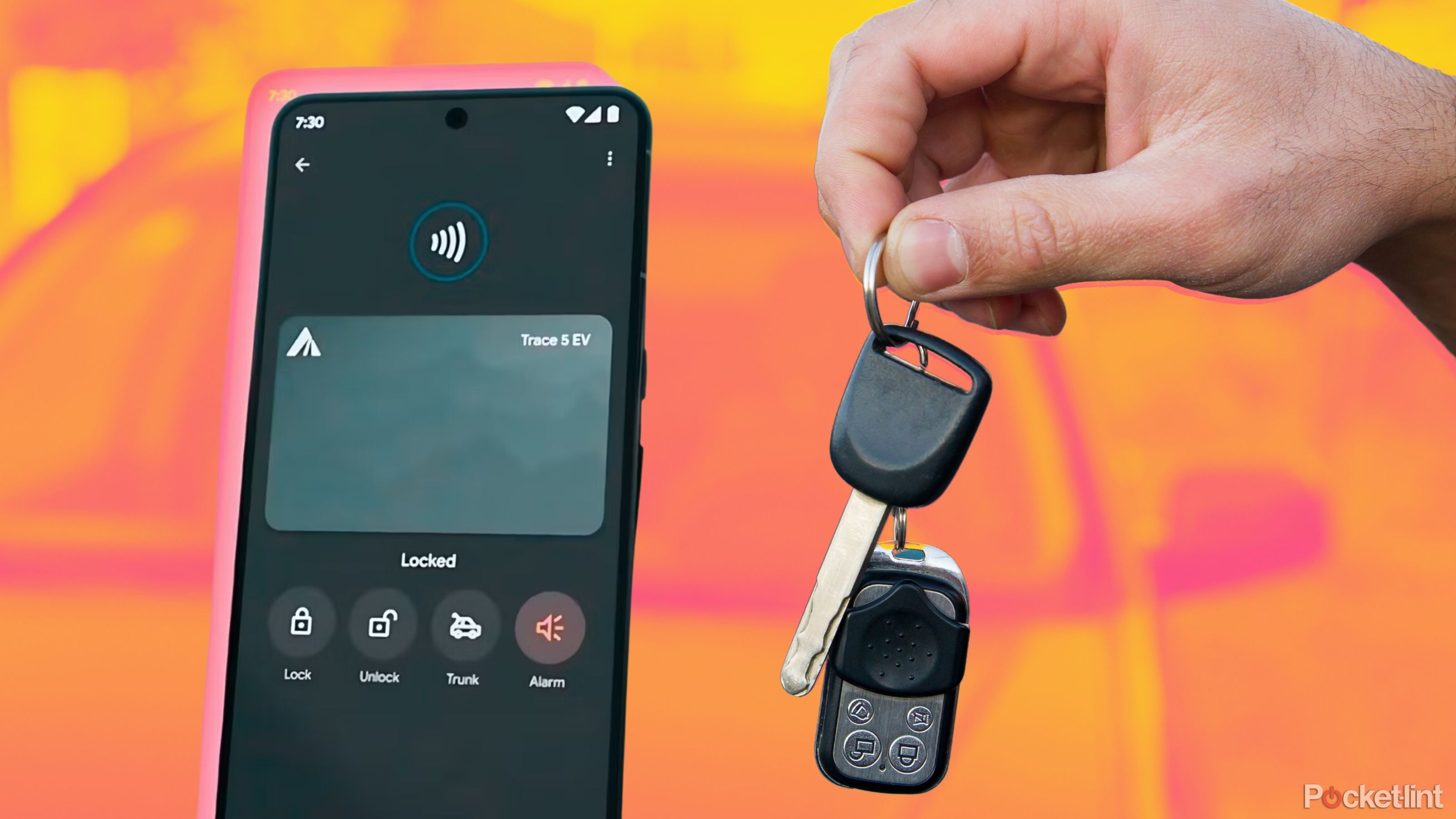 An Android digital car key in Google Wallet beside someone dangling their car keys