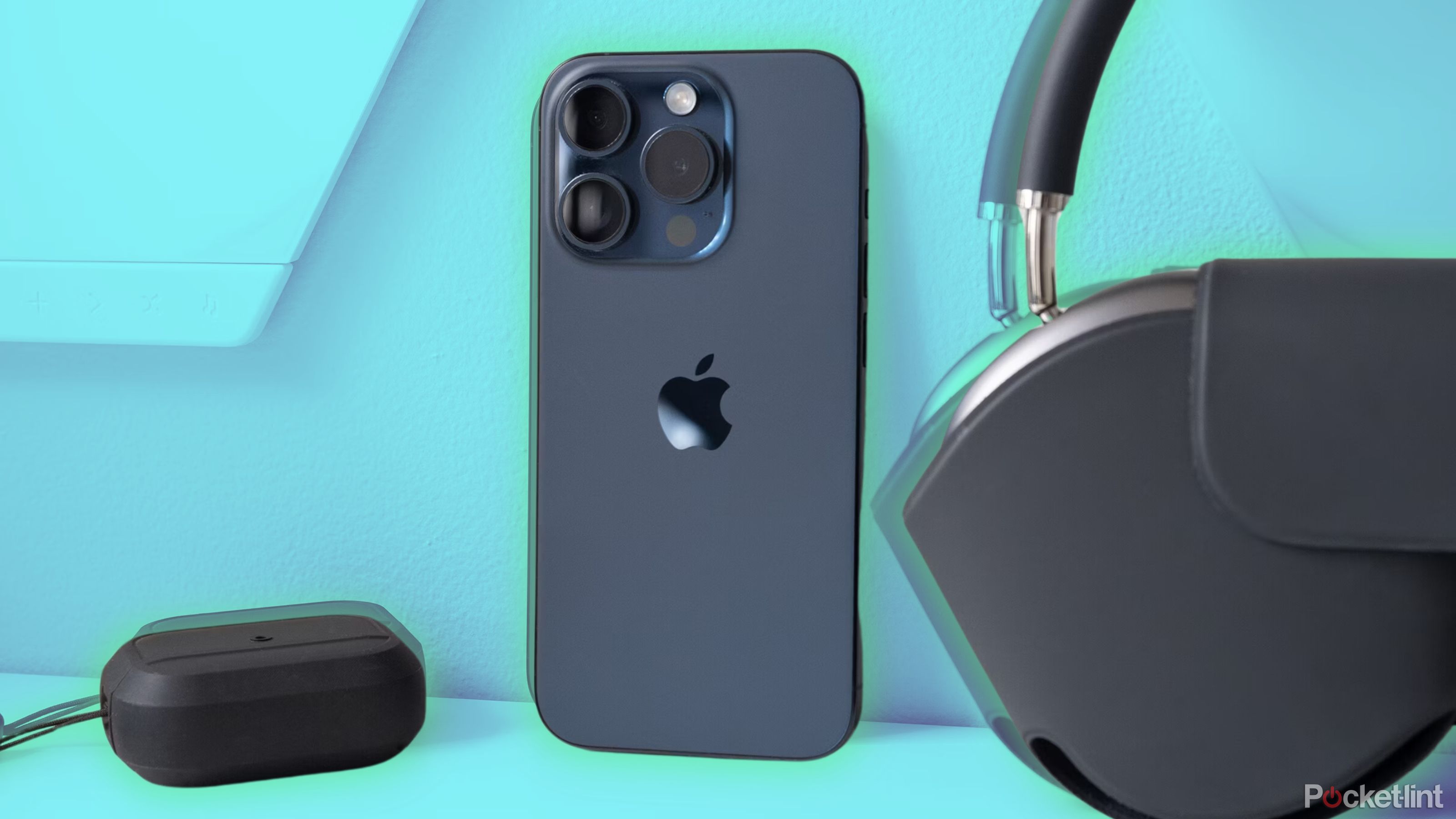 Blue iPhone 15 Pro with headphones. 