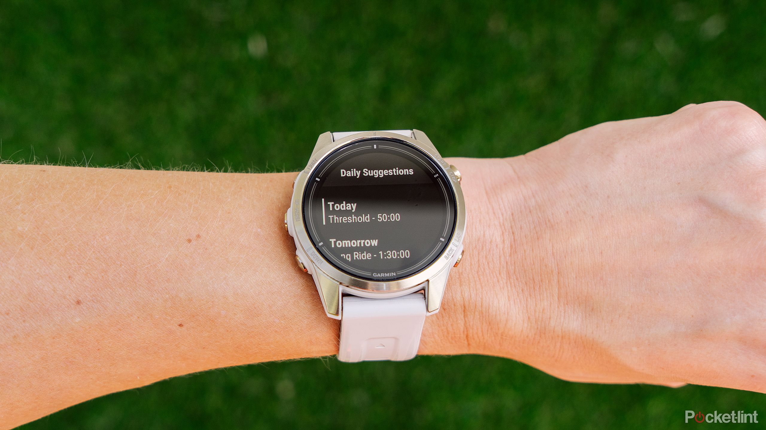 A Garmin epix Pro Gen 2 is on a wrist with suggested workouts on the display. 