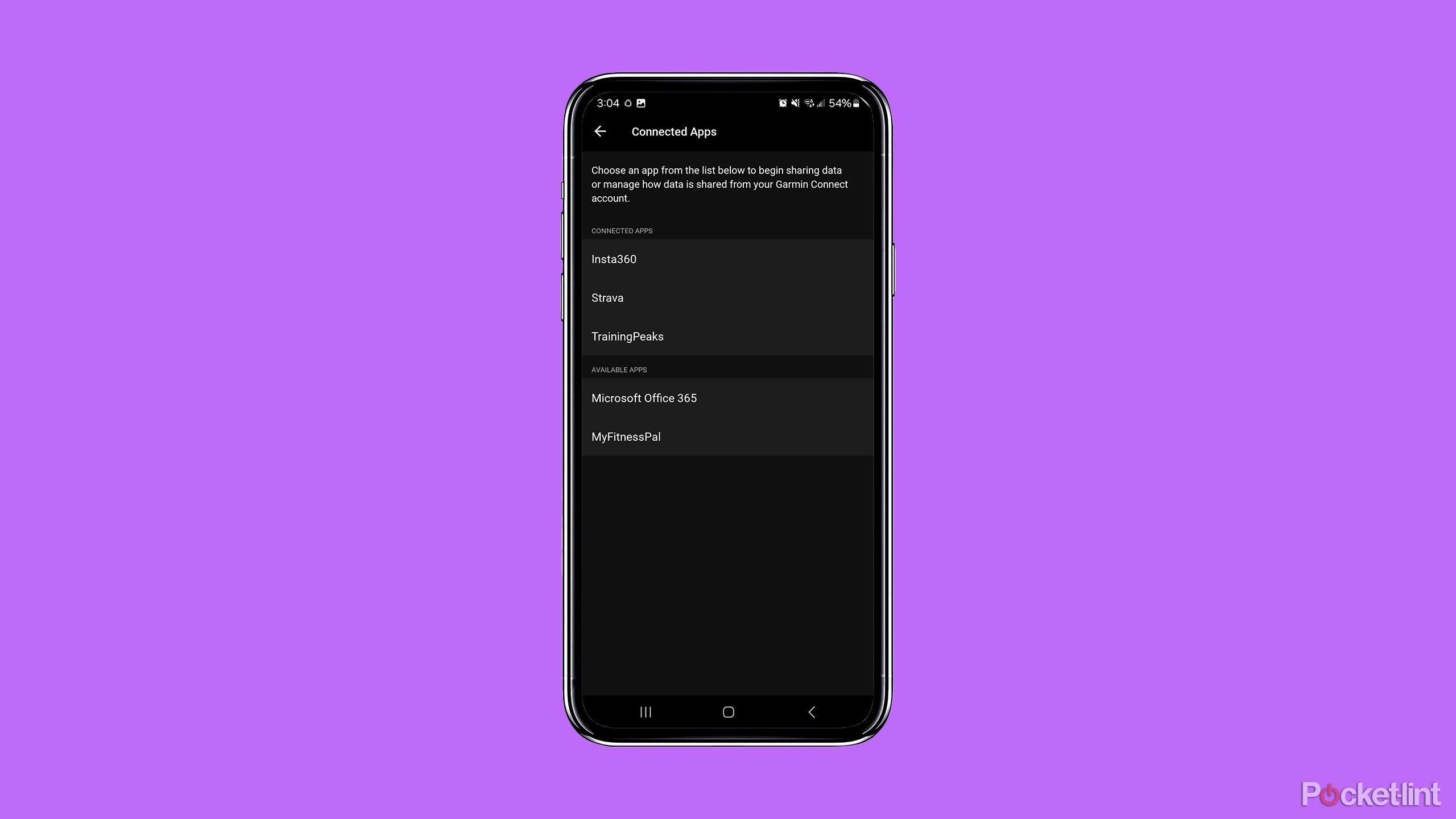 A phone mockup with the Garmin Connected Apps menu is placed on a purple background. 