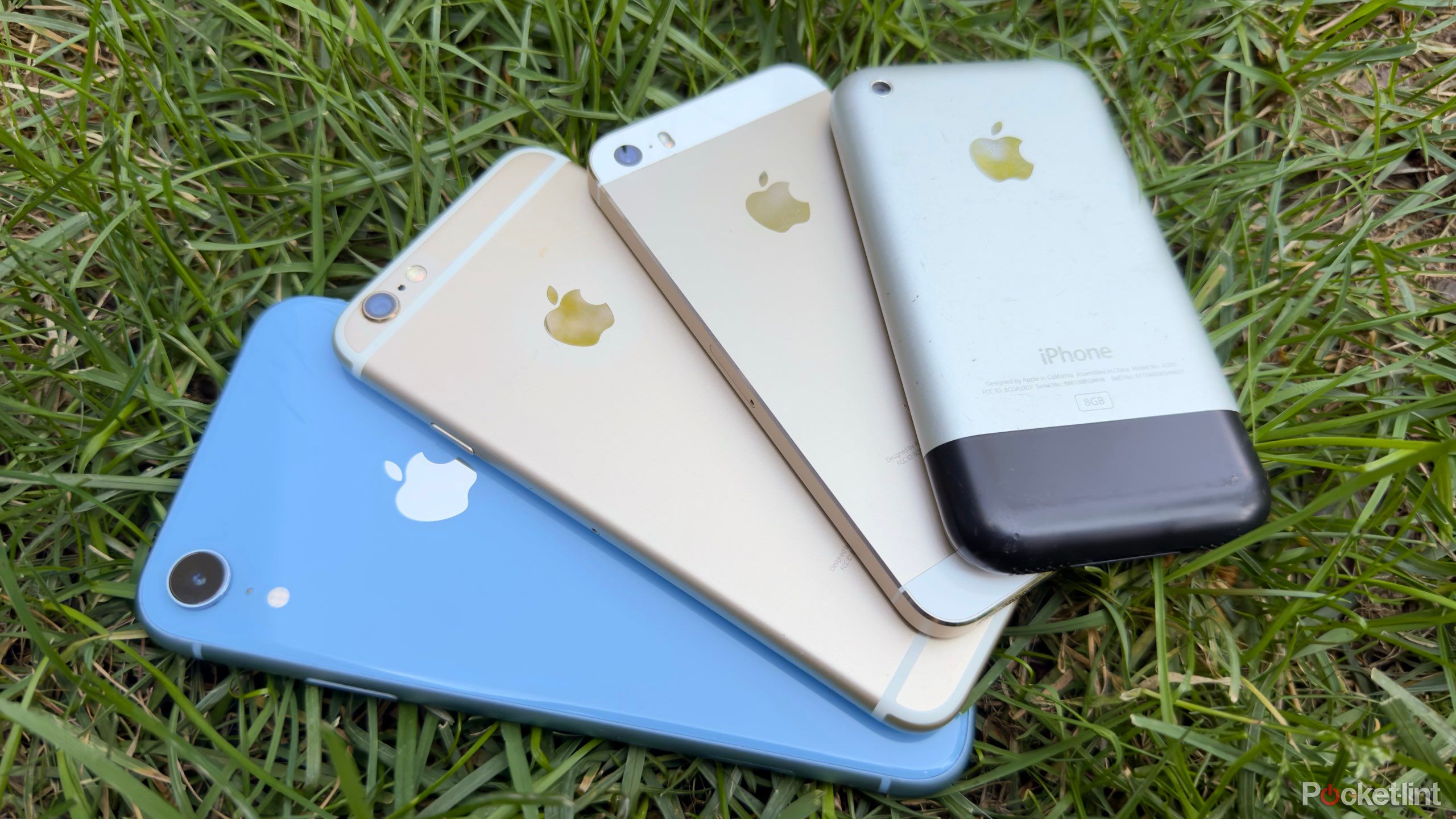 An iPhone XR, 6, 5S, and original in a fanning position on the grass. 