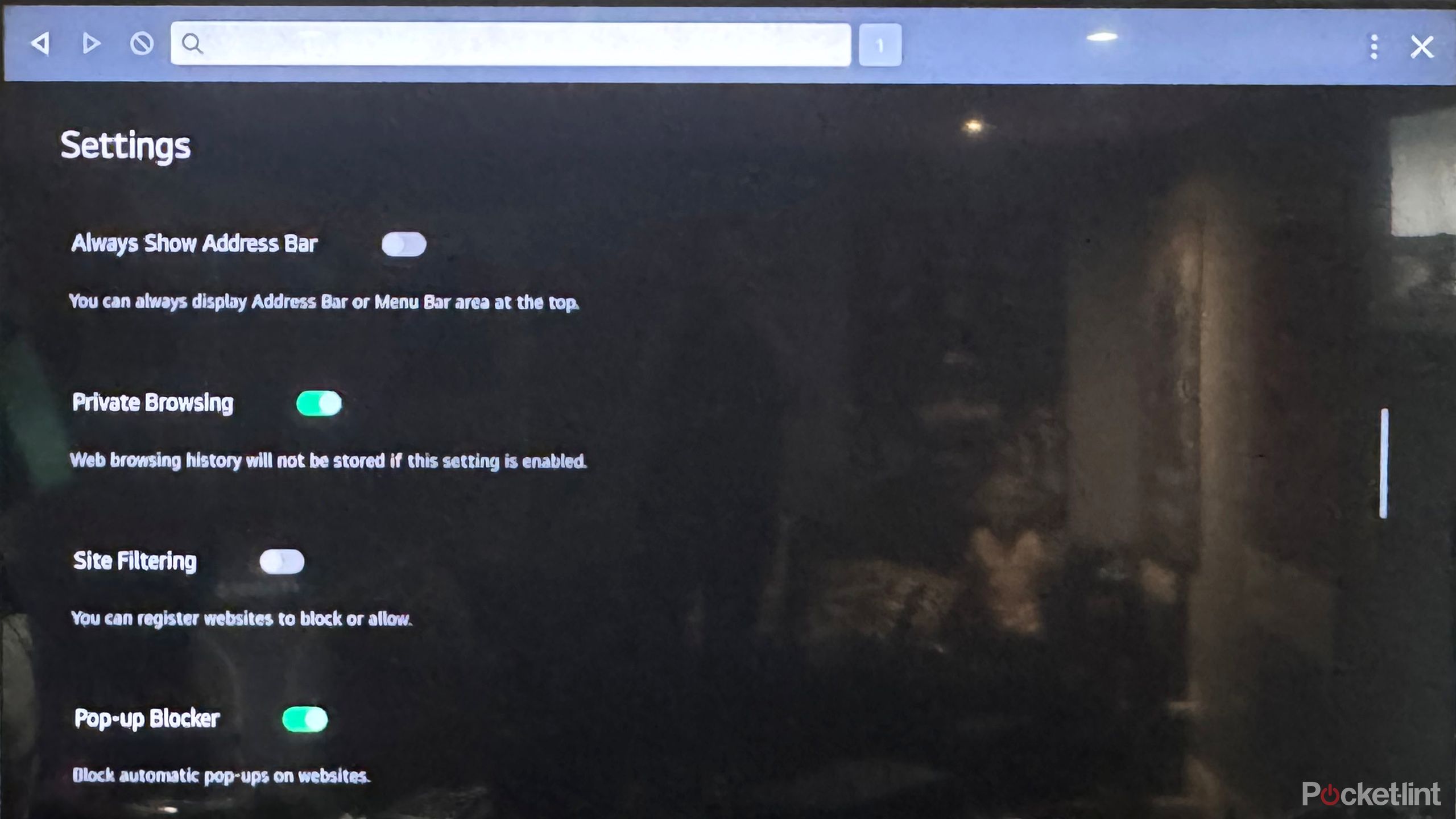 LG TV showing the settings menu with private browsing enabled