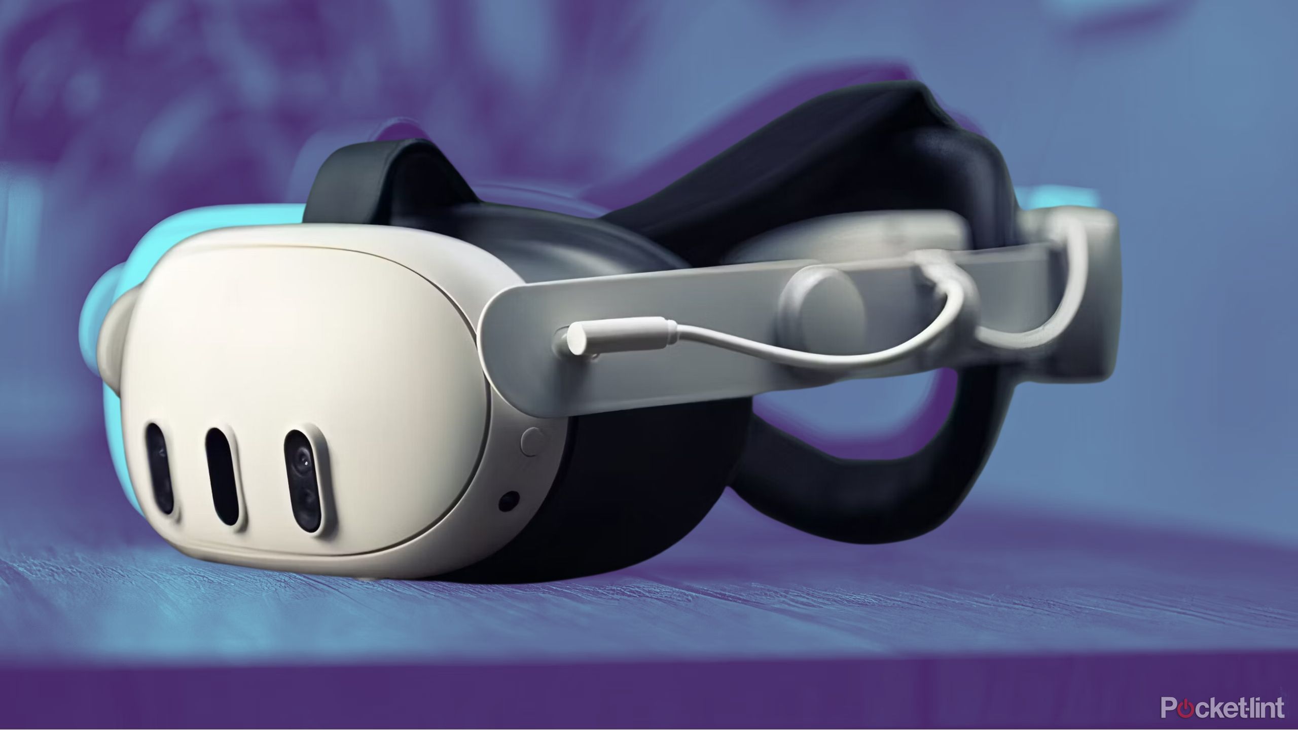 Meta Quest 3 headset on a table on a colored background