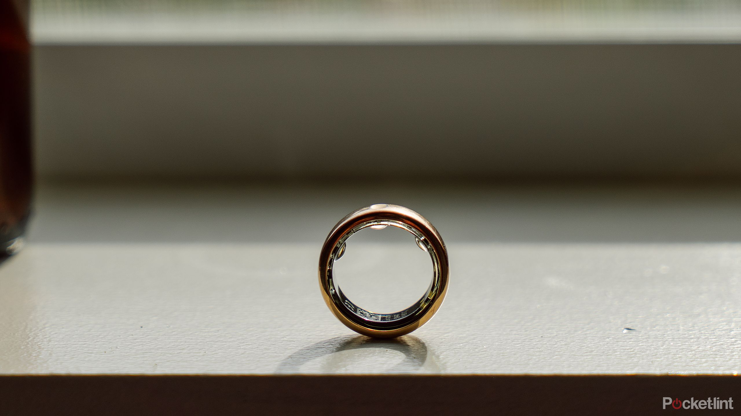 The Oura Ring 3 stands upright on a windowsill. 