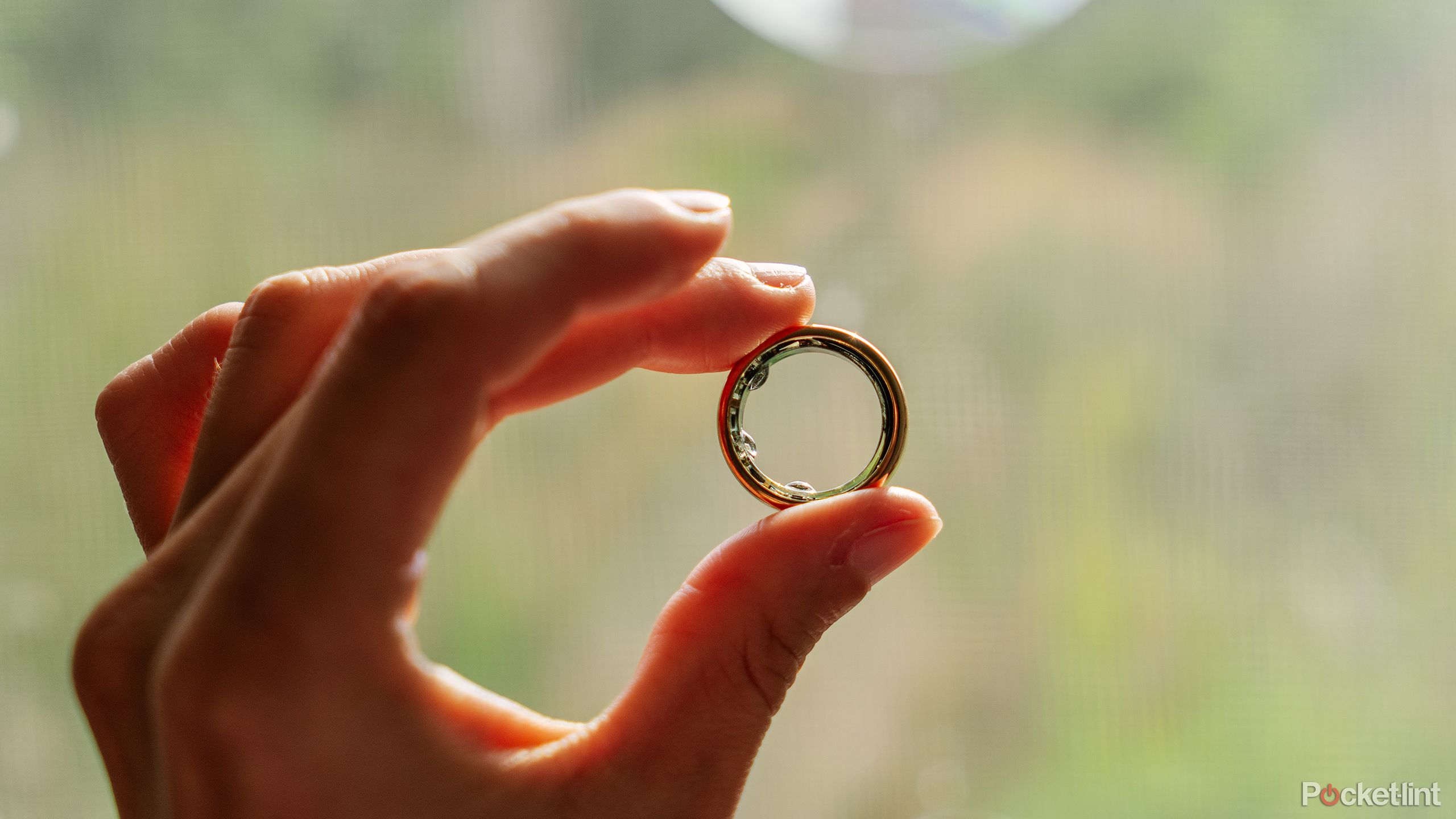 A hand holds the Oura Ring 3 in front of a blurred green background. 