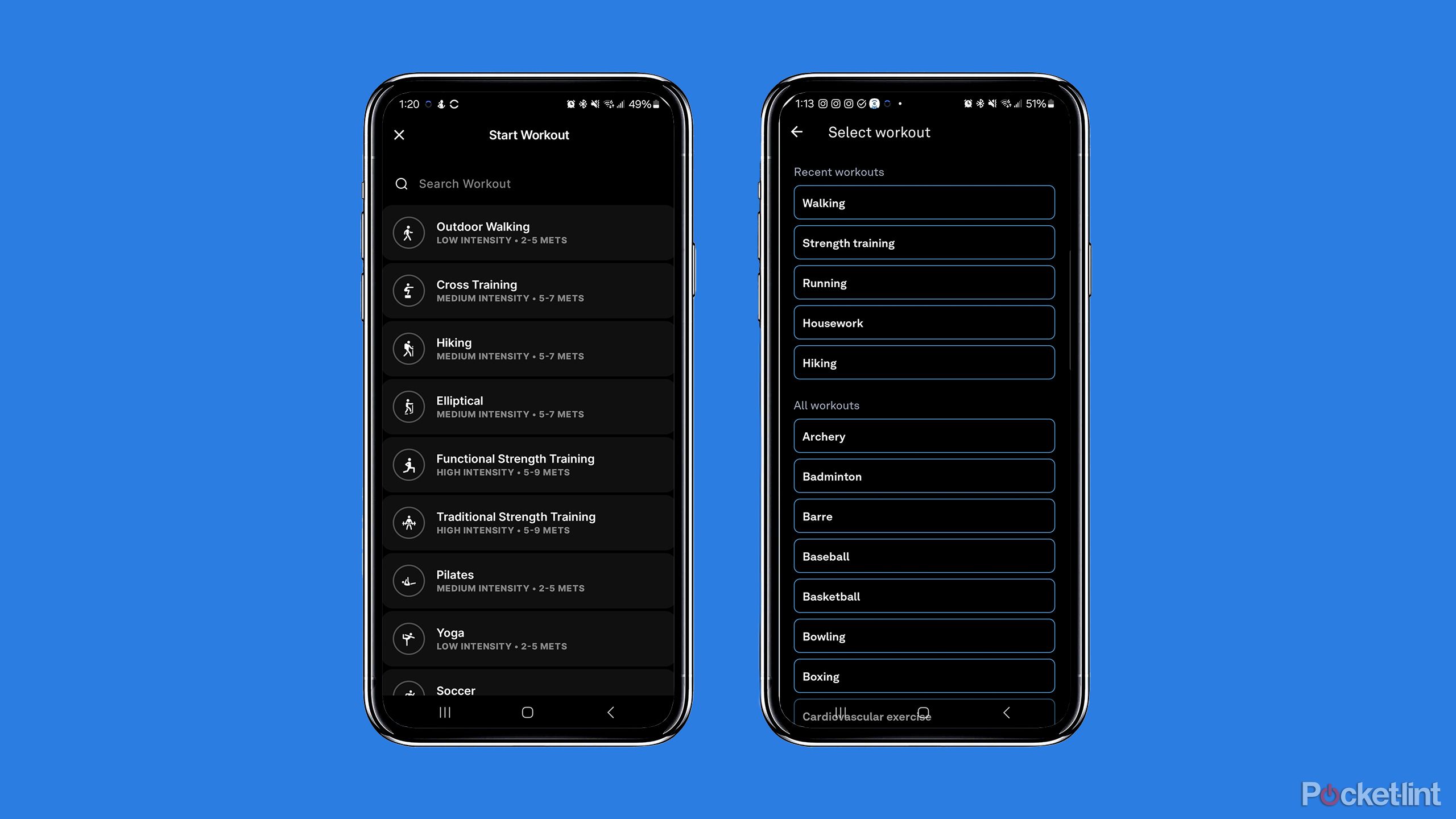 Two phone mockups with Oura and Ultrahuman workout tracking features displayed are placed against a blue background.