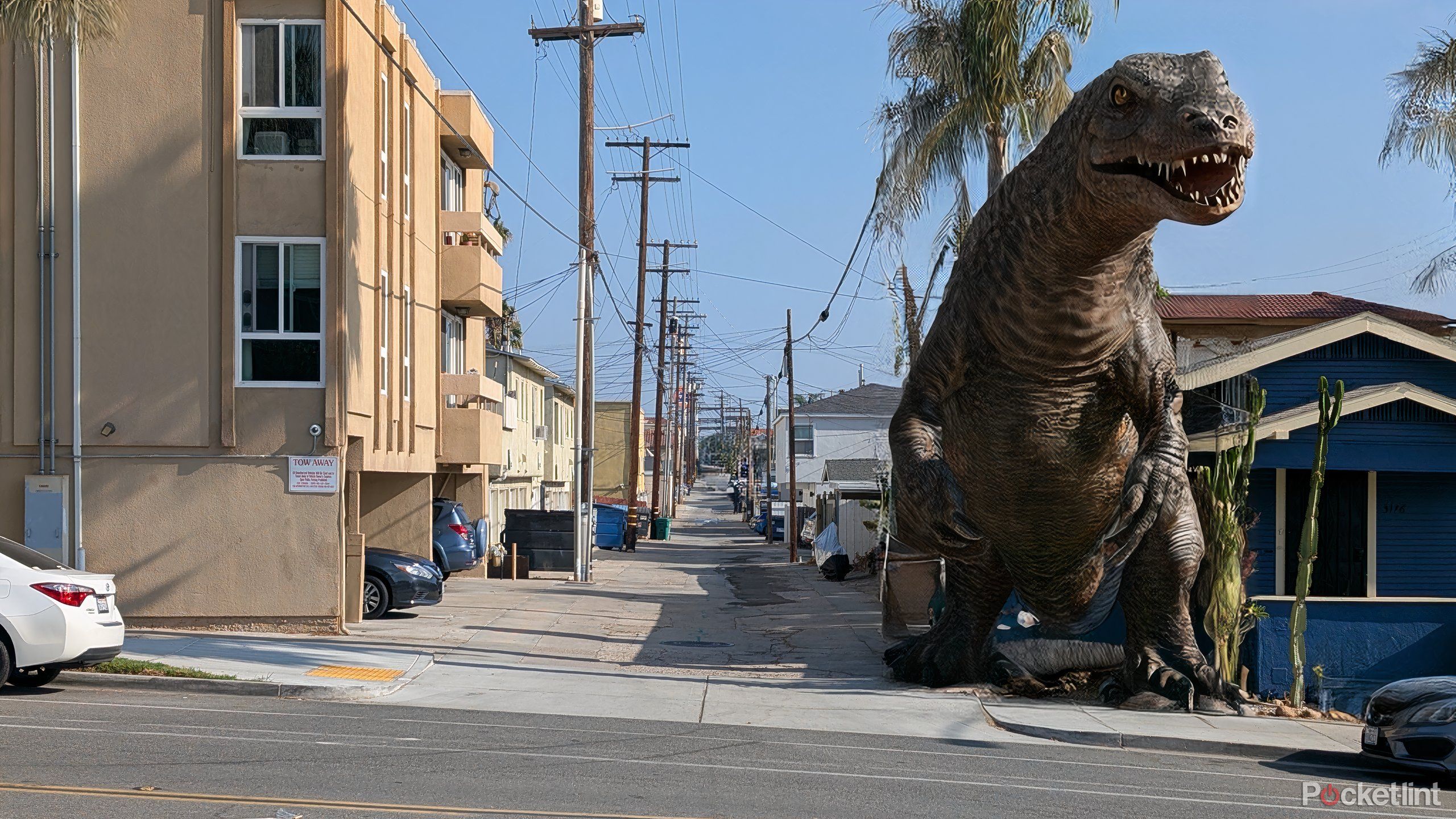 An AI-generated lizard superimposed on a photo of an alley.