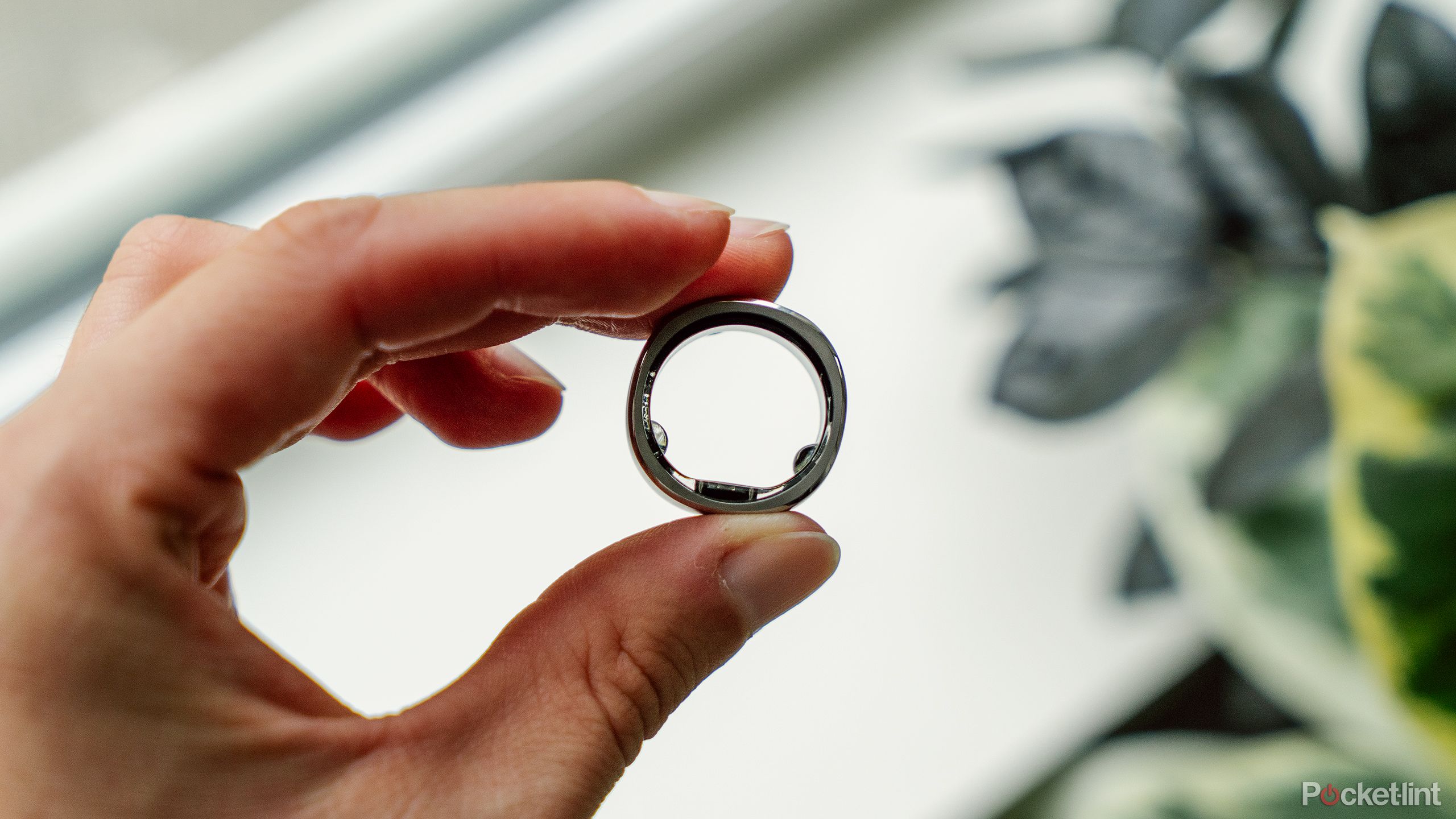 A hand holds the RingConn Smart Ring in front of a windowsill with blurred out plants. 