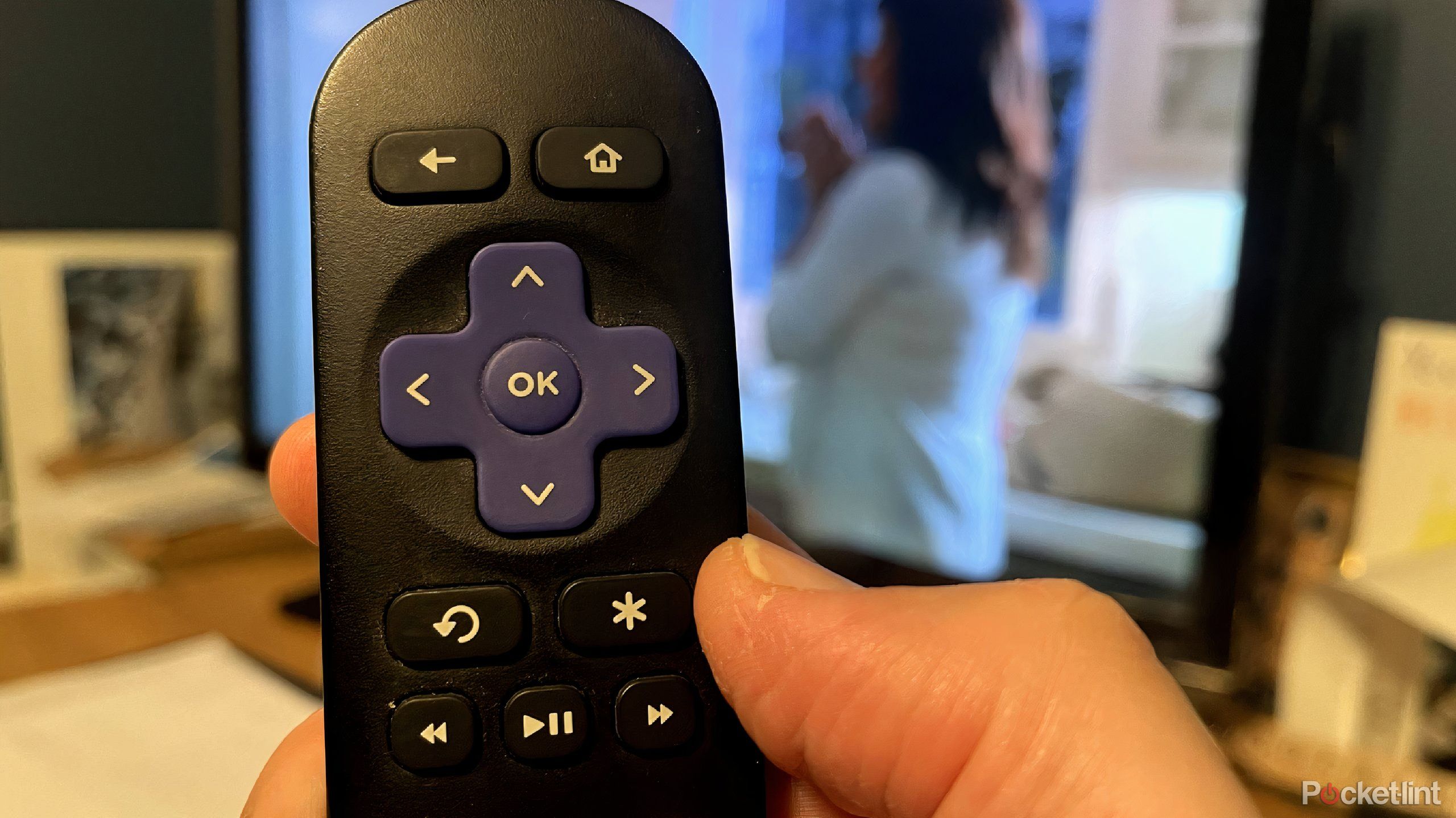 A person holding a roku remote.