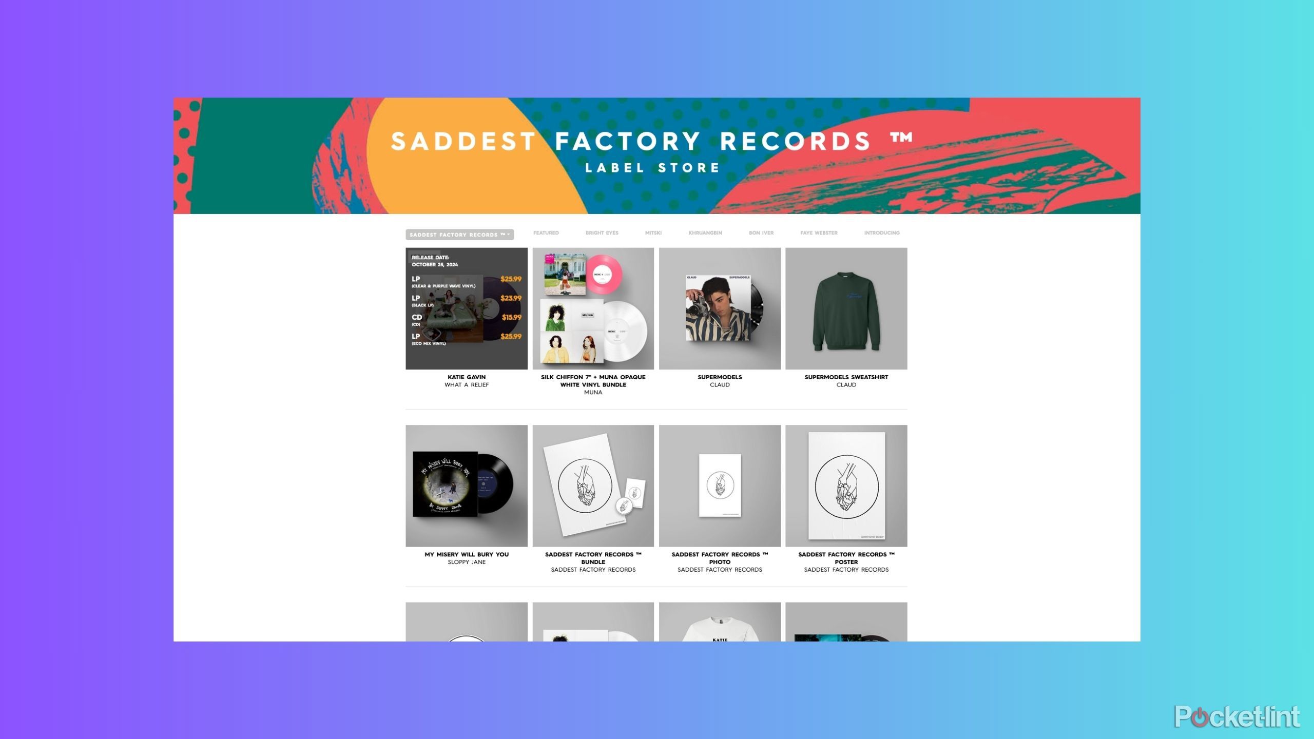 The Saddest Factory Records store, showing various kinds of merchandise for sale, including CDs.