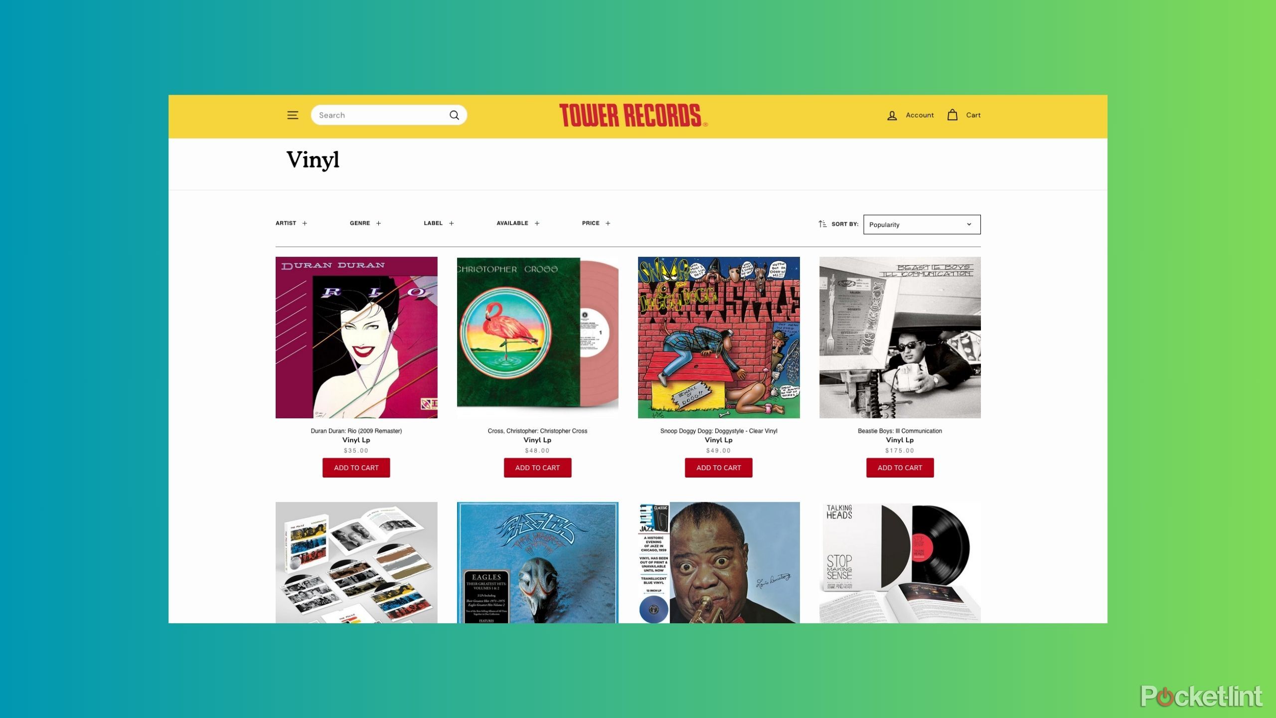 Tower Records' website, showing the most popular vinyl records on the website